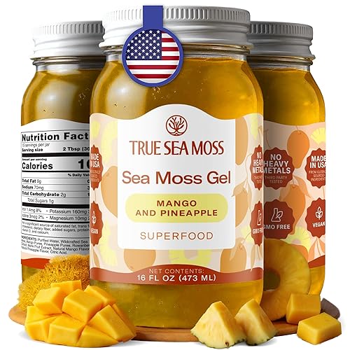 TrueSeaMoss Sea Moss Gel – Made in USA – Wildcrafted Seamoss, Fruits & Jarred Vegetables – Mango/Pineapple, Pack of 1 (Labels may Vary)