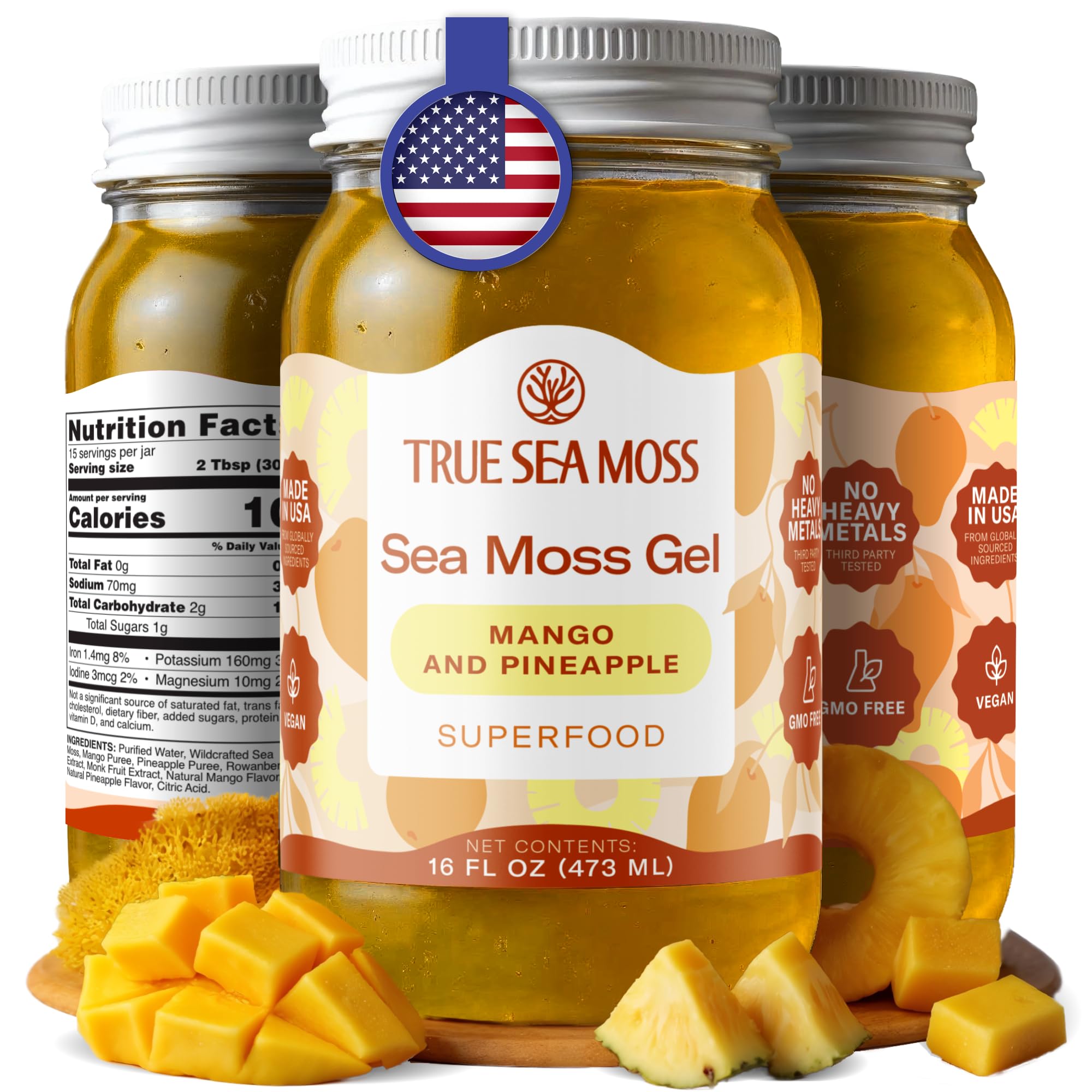 TrueSeaMoss Sea Moss Gel – Made in USA – Wildcrafted Seamoss, Fruits & Jarred Vegetables – Mango/Pineapple, Pack of 1 (Labels may Vary)