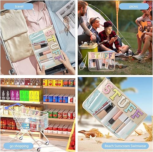 Vista 41 de HANAMO Bolsa transparente con letras de chenilla, bolsa de nailon para cosméticos con cremallera, bolsas de maquillaje transparentes, bolsas