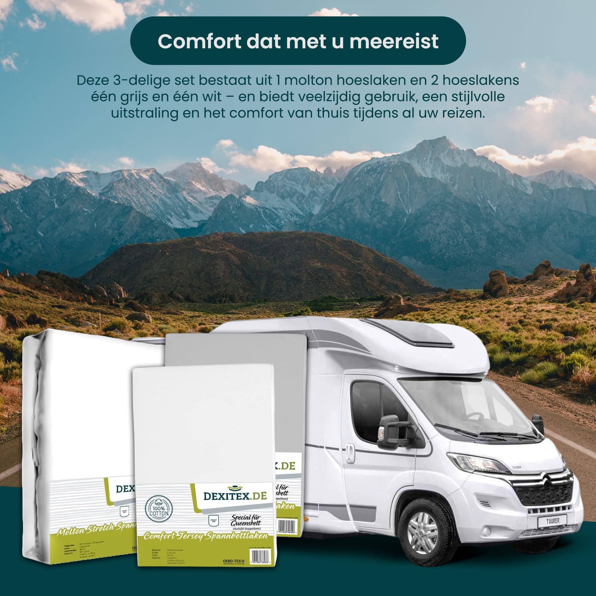 Bettlaken Wohnwagen Queensbett - 3er Set - 1 Molton, 2 Spannbettlaken -1 Grau + 1 Weiß - Bettlaken aus Baumwolle -Oeko-TEX - Multi-Stretch-Spannbettlaken für Wohnmobil und Wohnwagen