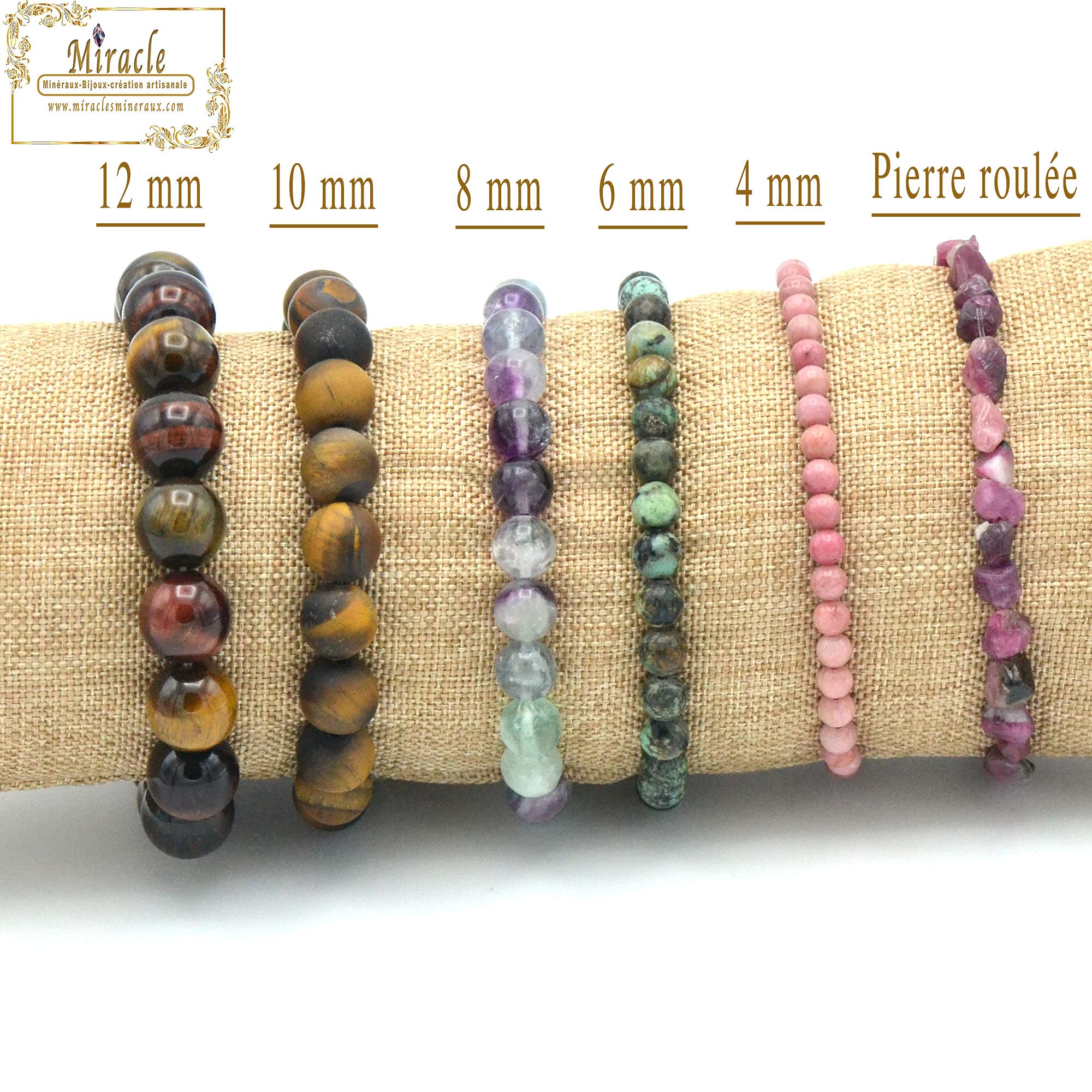Miracles Minéraux Bracelet perle ronde 10 mm, pierre naturelle, création artisanale française, plus de 40 choix