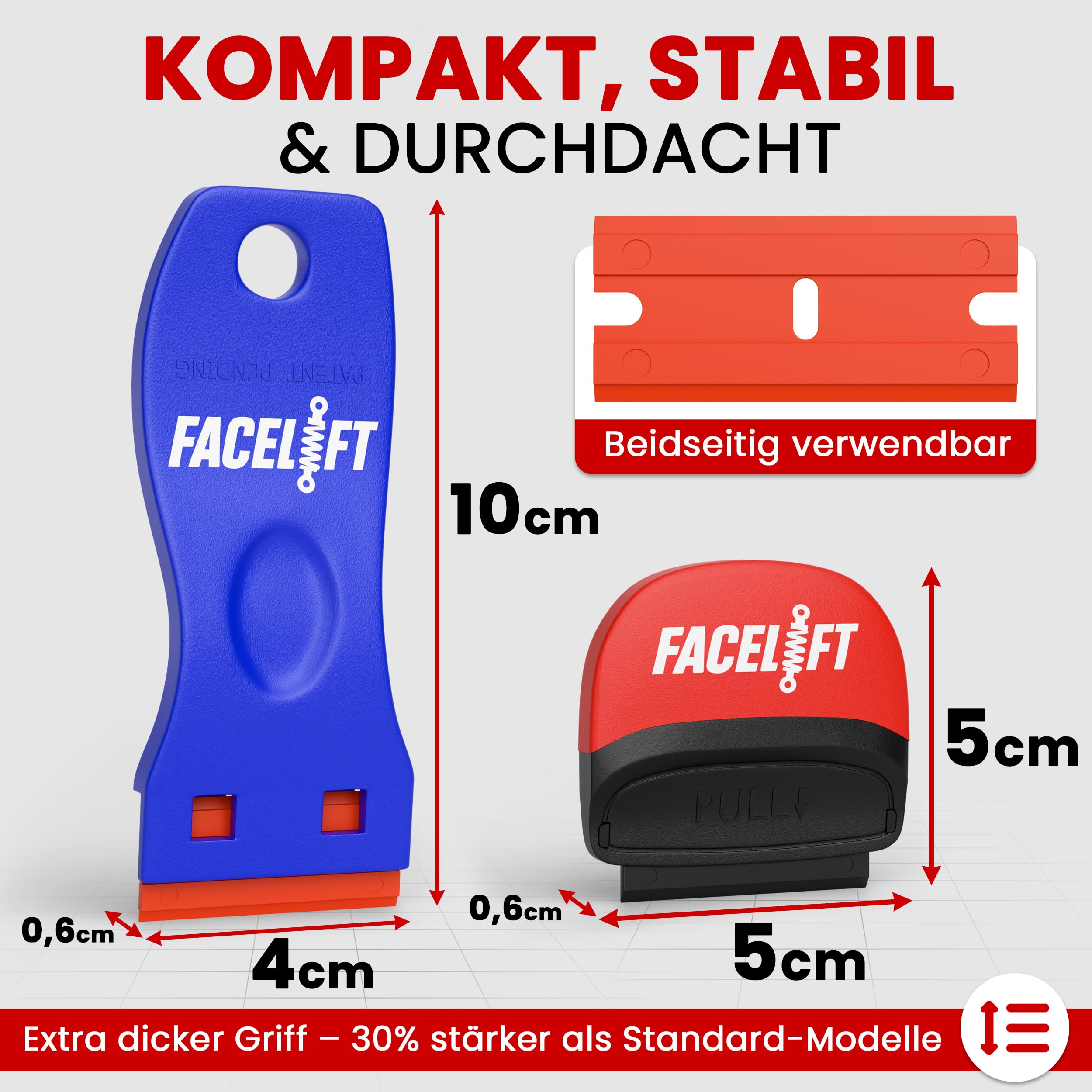 FACELIFT® Premium Schaber Set – Kunststoffschaber mit 100 Klingen – kratzfrei Aufkleber- & Klebereste-Entferner – robust, handlich & vielseitig