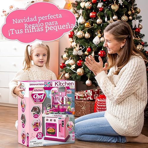 Miniatura 7 de Juego de cocina para niños, cocina de juego de 27.1 pulgadas con sonido y luz, juego de cocina para niños pequeños de 1-3, 3-5, estufa de cocina,