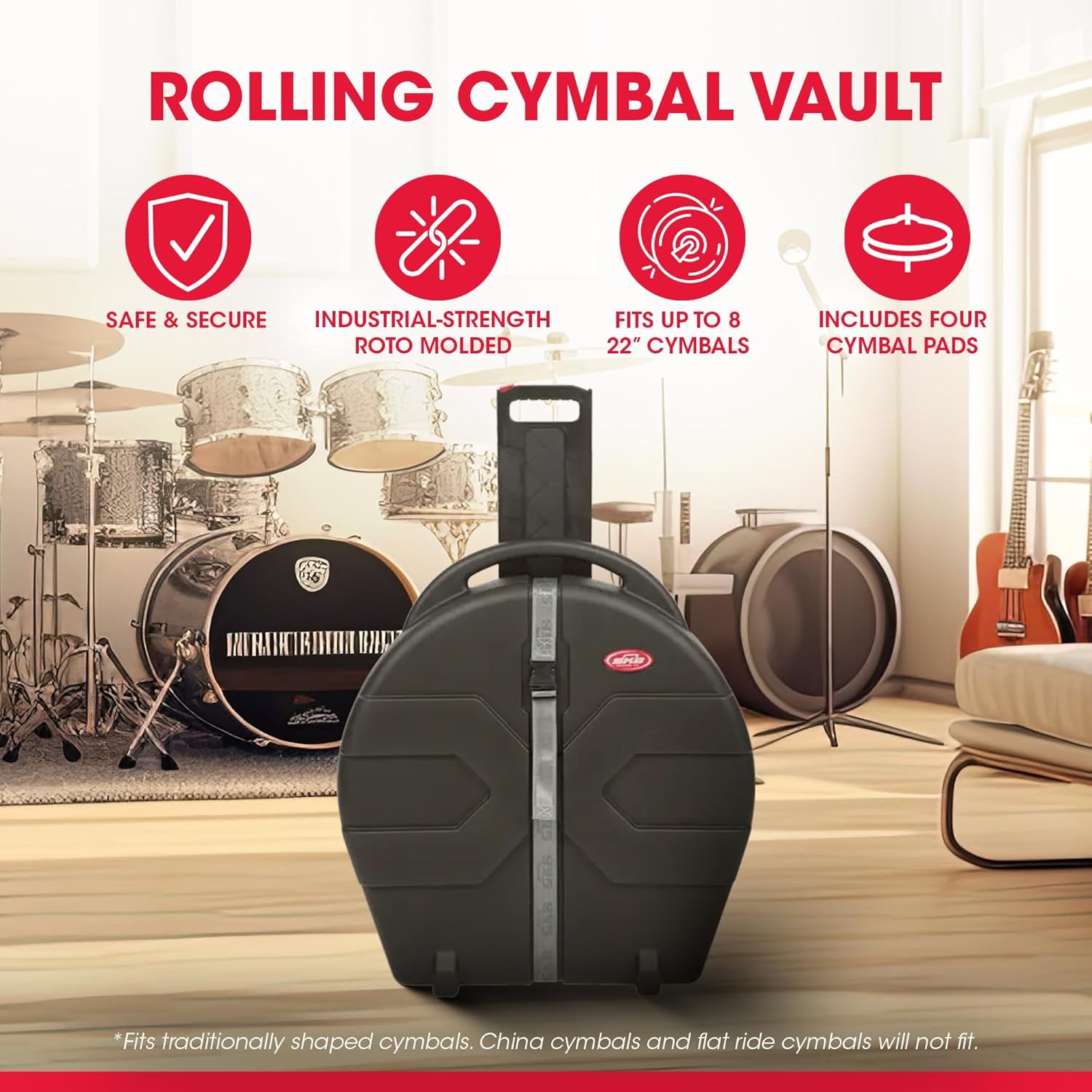 SKB Cases 22-Inch Rolling Cymbal Vault, Rolling Case for 22-Inch Cymbals, Holds Up to 8 Traditionally Shaped Cymbals, Includes Carrying Handle