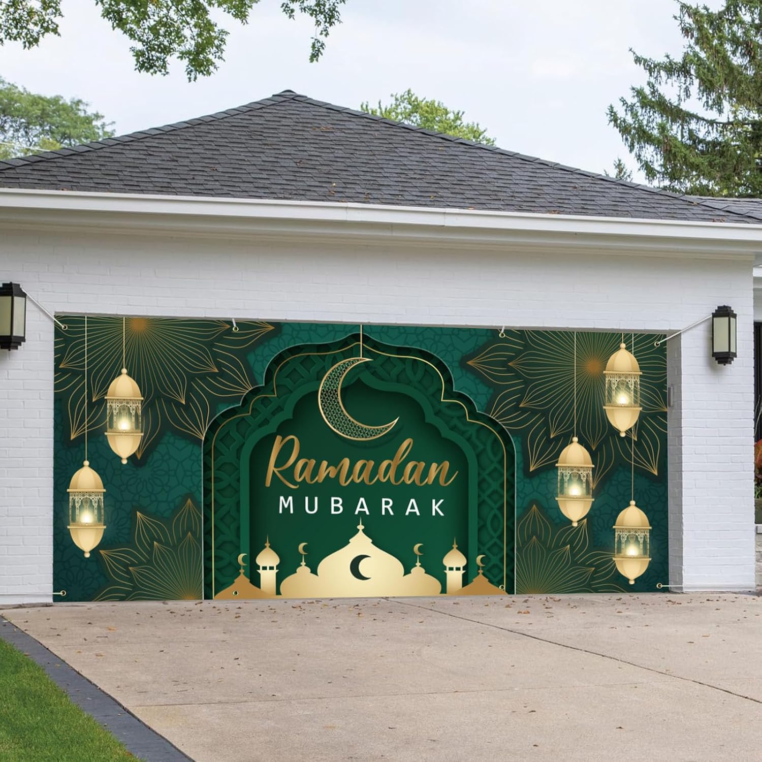 Ramadan Mubarak Garage Door Banner 6 x 13 FT, Islamic Muslim Large Yard Backdrop for Home and Outdoor Decorations