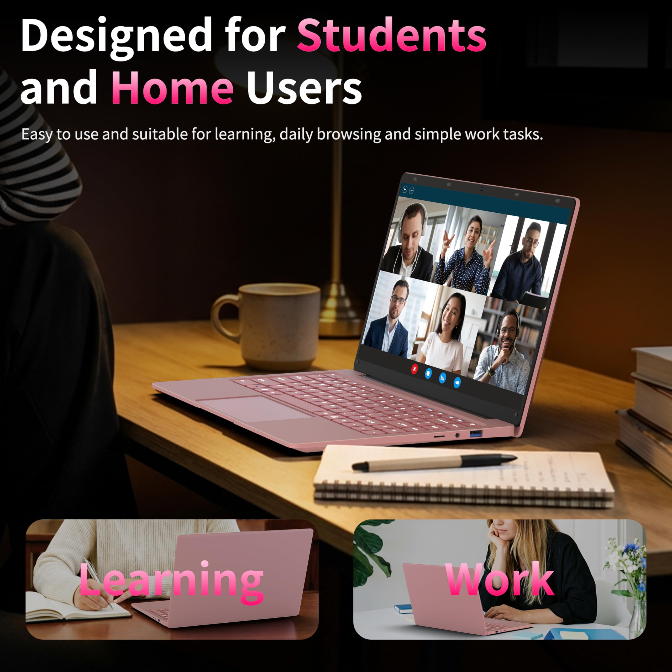 Amita 14 Inch Lightweight Laptop for Everyday Use, Full HD Display, 8GB Memory & 512GB Storage, Pink Portable Notebook for Study, Home and Travel — view 2