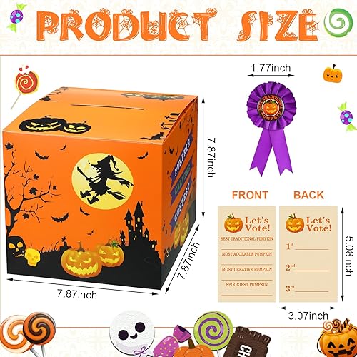 Miniatura 2 de Sasylvia Kit de 58 premios para concurso de talla de calabaza de Halloween, incluye urna de Halloween, 50 tarjetas de votación, 7 cintas de premio
