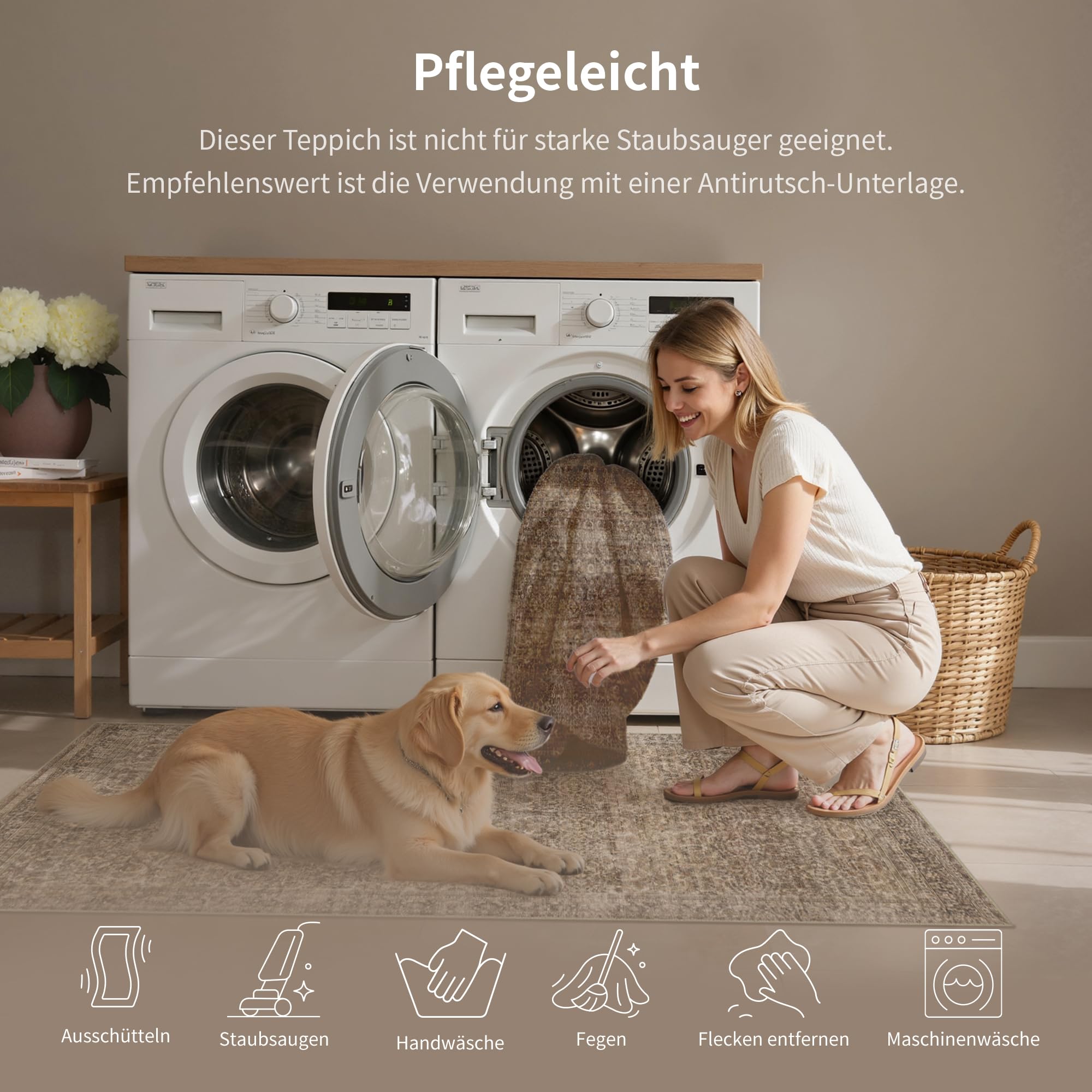 PureCozy Teppich Wohnzimmer 200x300cm Waschbarer Vintage Braun Tepich | Wohnzimmerteppich,Kurzflor Rutschfest,Weich Groß XXL Carpet,Leicht,Schlafzimmer, Esszimmer,Büro