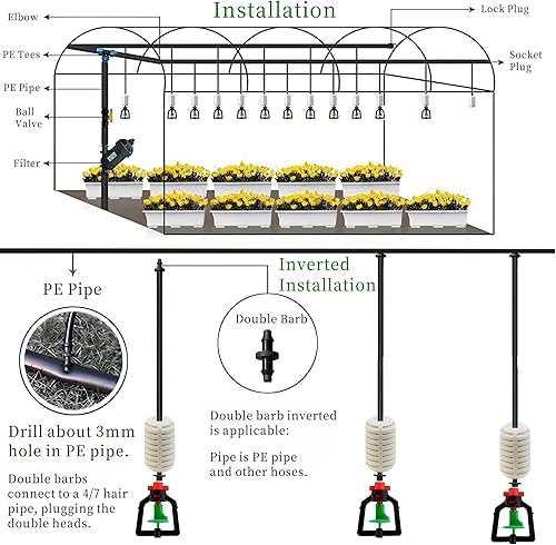 Miniatura 4 de Emisores de riego por goteo, 10 rociadores ajustables de 360 grados con boquilla de nebulización de microplantas de una sola púa para invernadero,