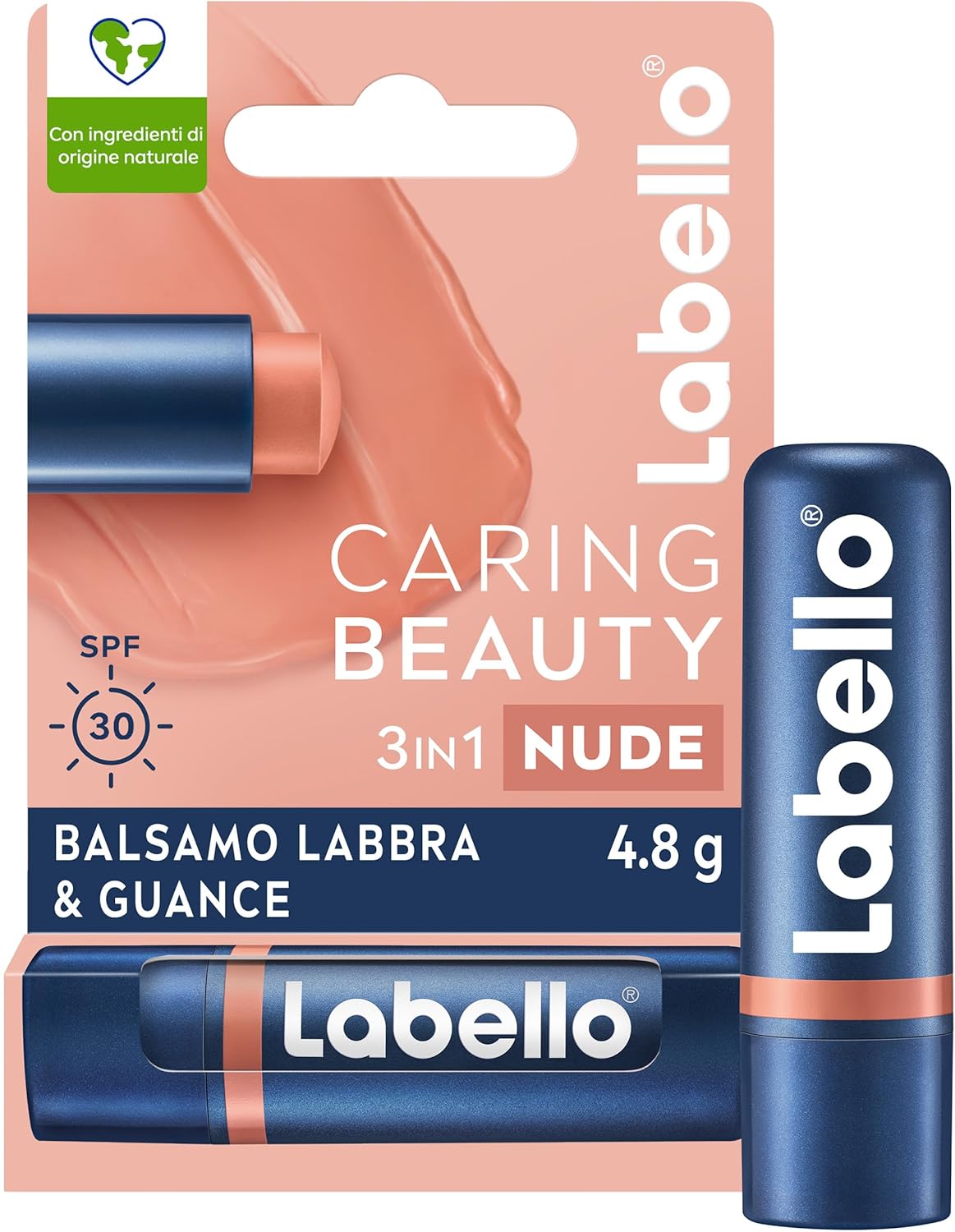 Labello Caring Beauty Lip & Cheek Nude 4.8 g, Burrocacao labbra e guance con una nota di colore nude, Balsamo labbra colorato e blush stick 2 in 1, Lip balm