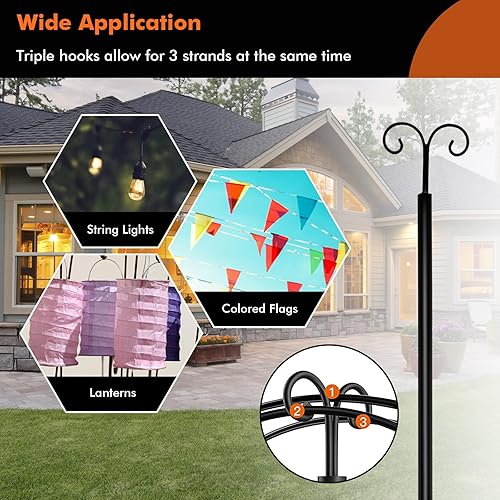 Miniatura 5 de Goplus Poste de luz para exteriores, paquete de 2 postes de metal para exteriores de 10 pies con ganchos para colgar luces de cadena, jardín