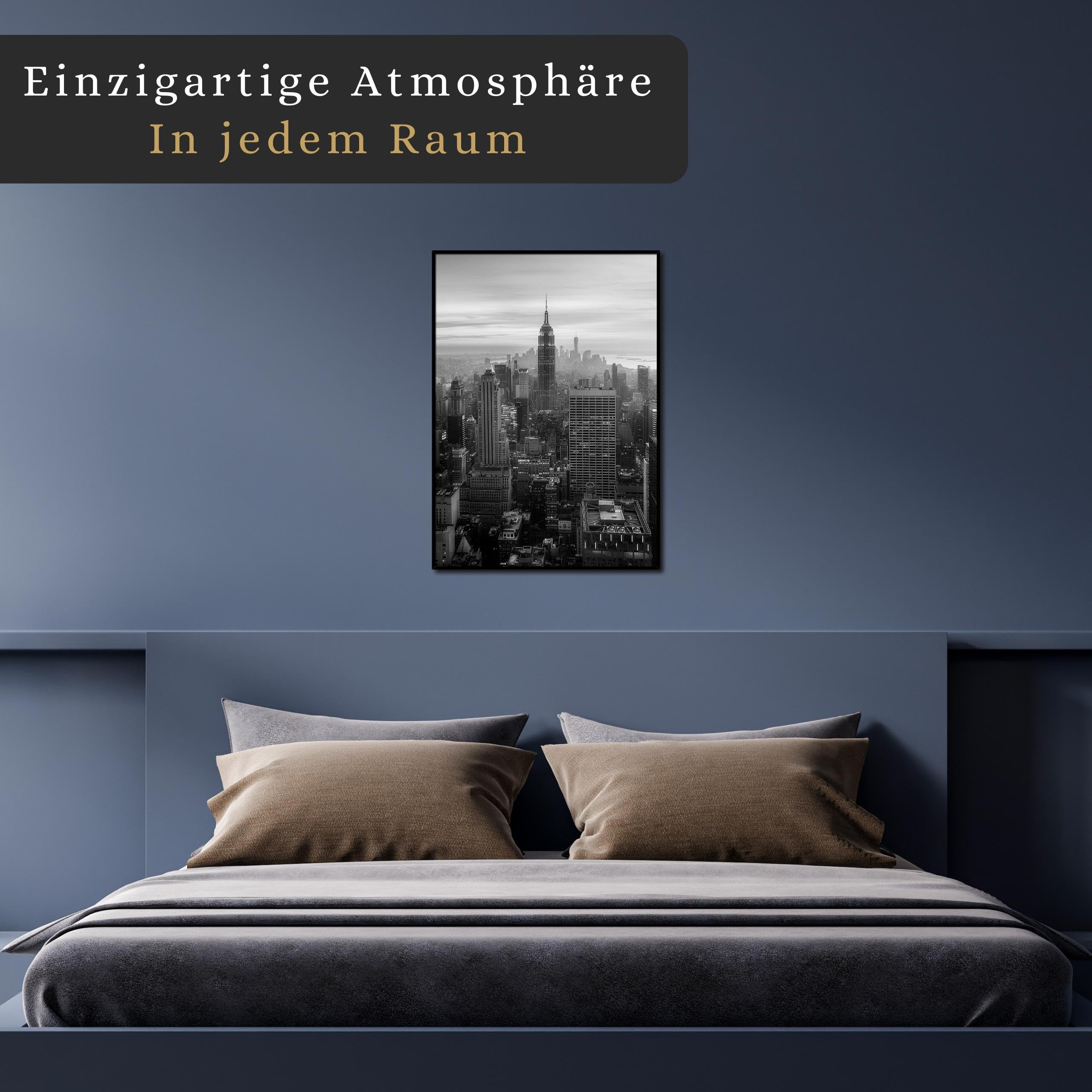 daazoo Bild New York Empire State Building mit Rahmen 50 x 70 cm (AUFHÄNGFERTIG) - Blick auf die Skyline von New York - Gerahmtes Wandbild - Bilder Set - schwarzweiß schwarzweiss schwarz weiss weiß