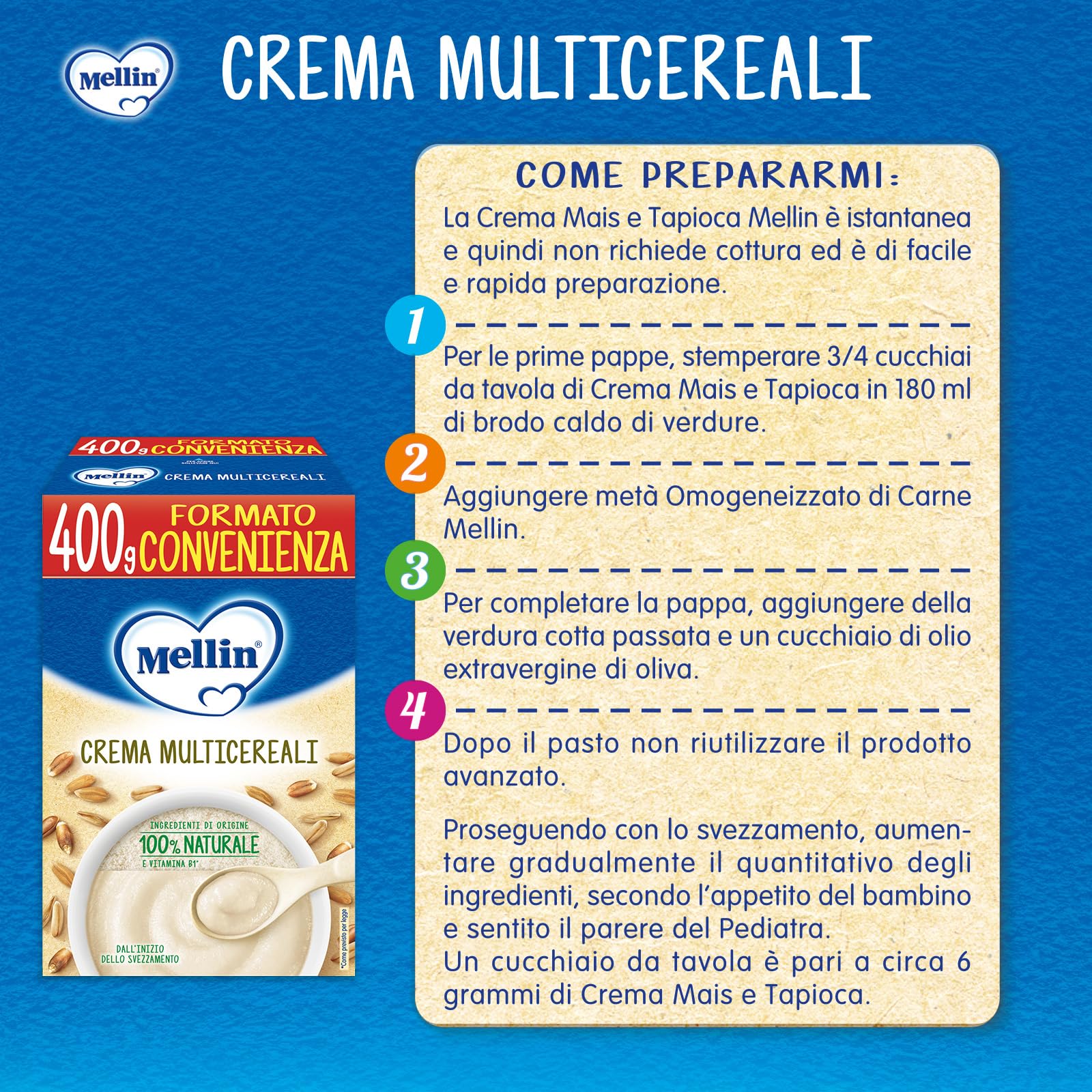 Mellin - Crema Multicereali - Alimento con Vitamina B1, per Bambini dal 4° Mese Compiuto - 6 Confezioni da 400gr (Totale 2400gr)