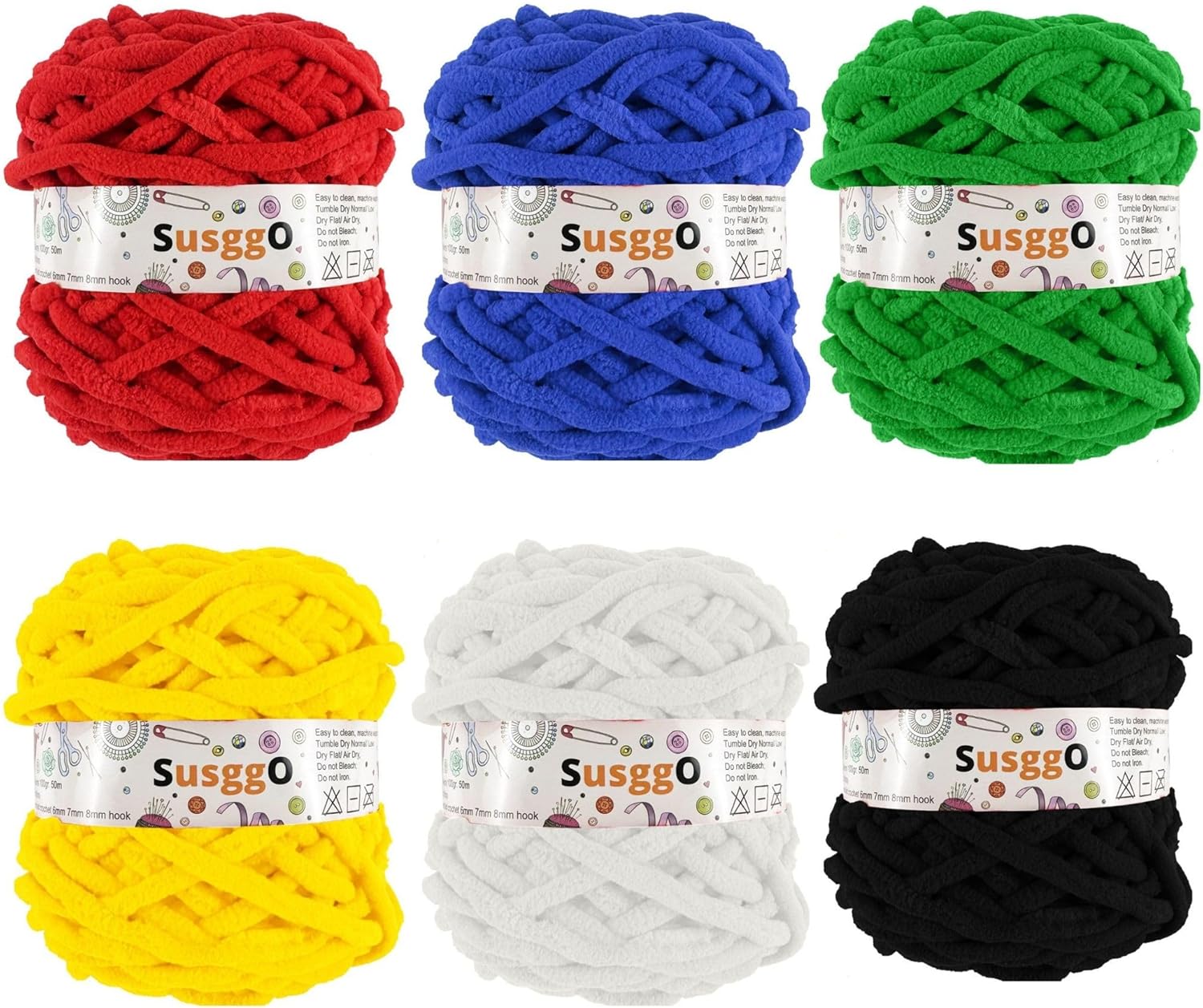 Pack of 6 balls CHENILLA Crochet Yarn Chunky Wool 100g 50m Wool Amigurumi Wool Crochet Crochet Yarn for Knitting Hand Knitting Yarn Chenille Yarn (White Black Red Green Yellow Blue)