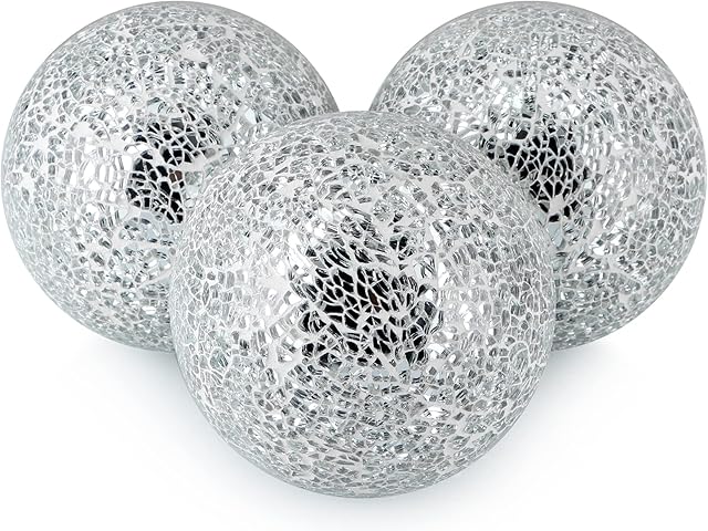 MDLUU 3 Pcs Mosaic Balls, 10cm Decorative Orbs for Bowl, Sphere Balls with Glass Mosaic for Home Decor, Party Ornament, Wedding Centerpiece (Silver)