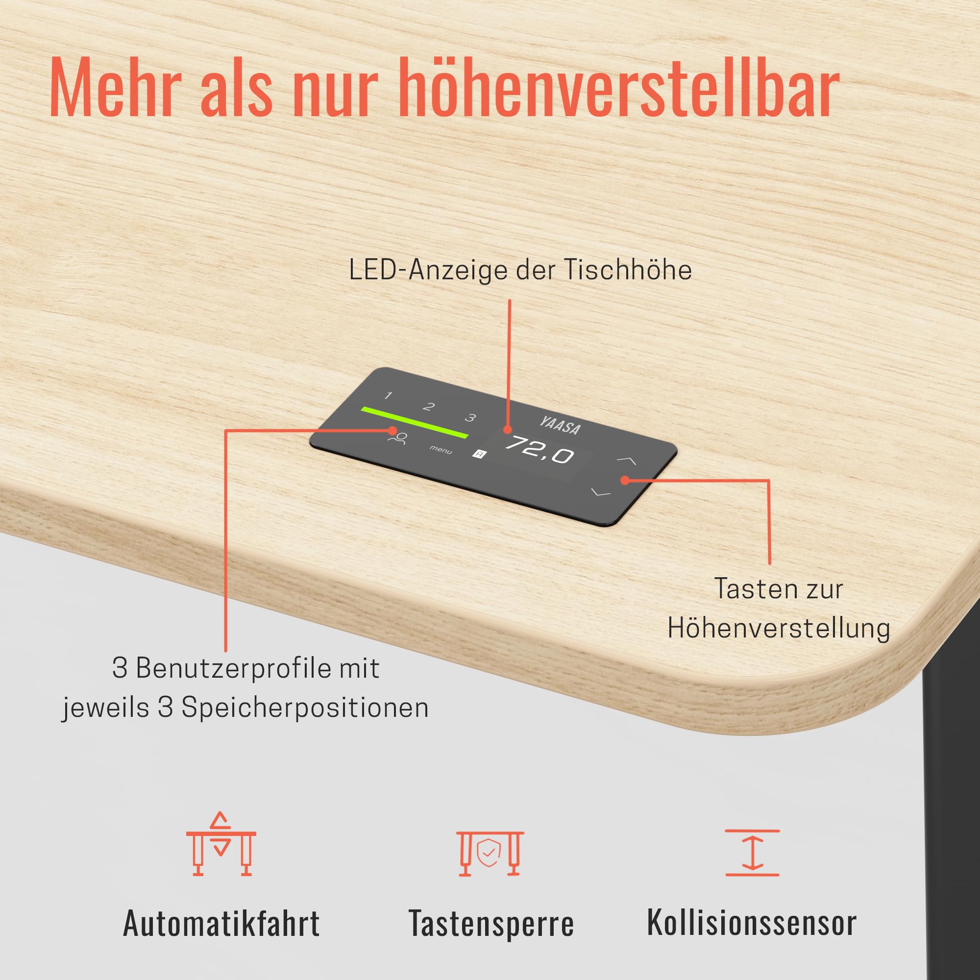 Yaasa Desk Pro 180x80cm, Schreibtisch höhenverstellbar für Büro Homeoffice | Abgerundete Tischplatte mit integriertem ErgoTouch-Handschalter: 9 Memory-Positionen, Automatikfahrt, Schreibtisch für Büro