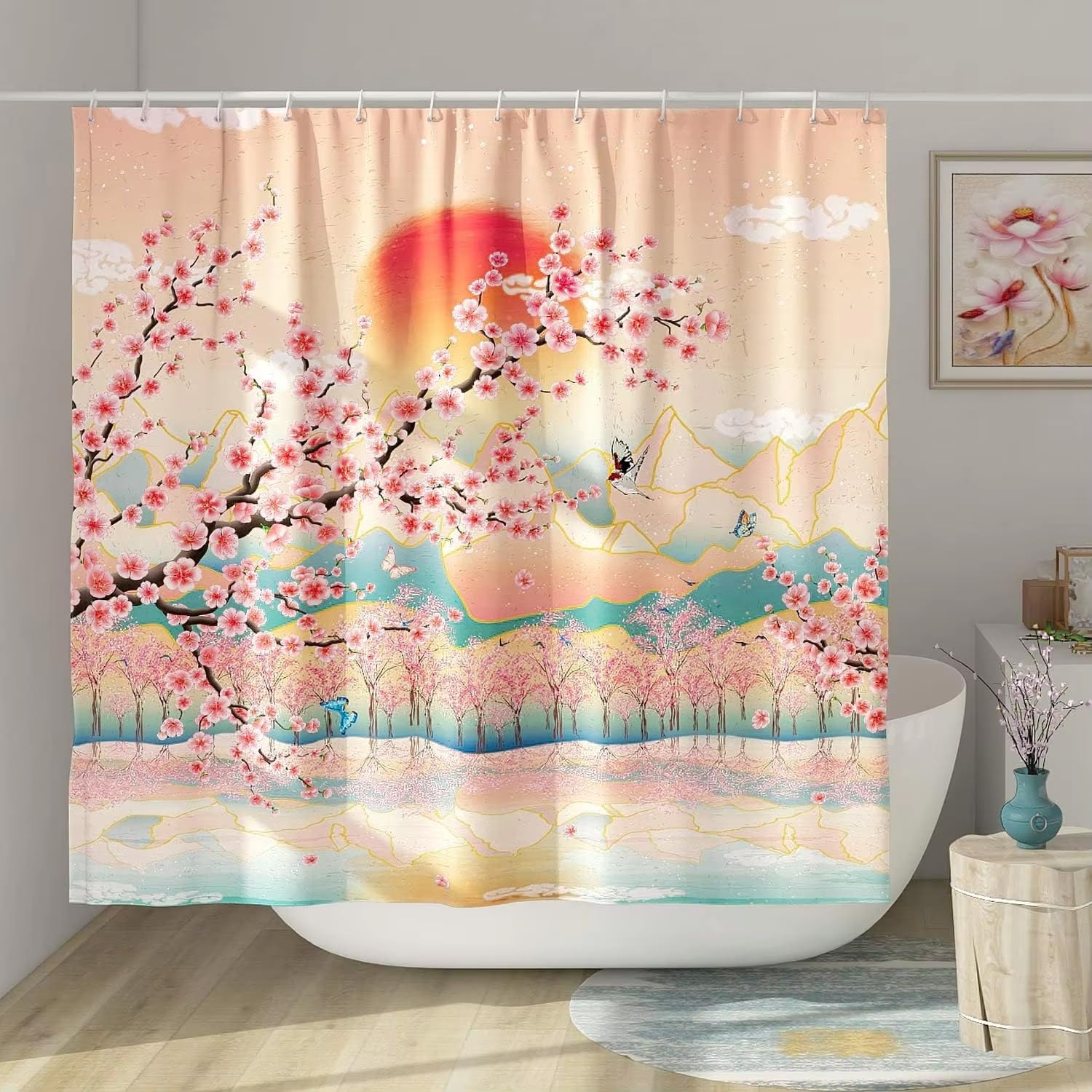 Rideau de douche japonais cerisier en fleurs grand format 200x230 anti-moisissure