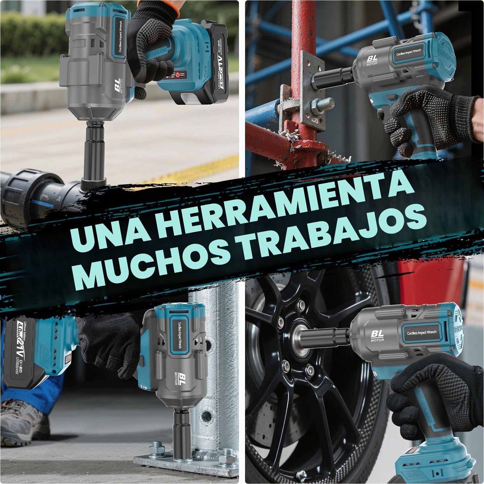1200Nm Llave de Impacto a Bateria Inalámbrica, 1/2 Pistola de Impacto Bateria con dos baterías de 4000 mAh, Cargador Rápido, 5 Llaves de vaso, Pistola impacto para neumáticos de coche