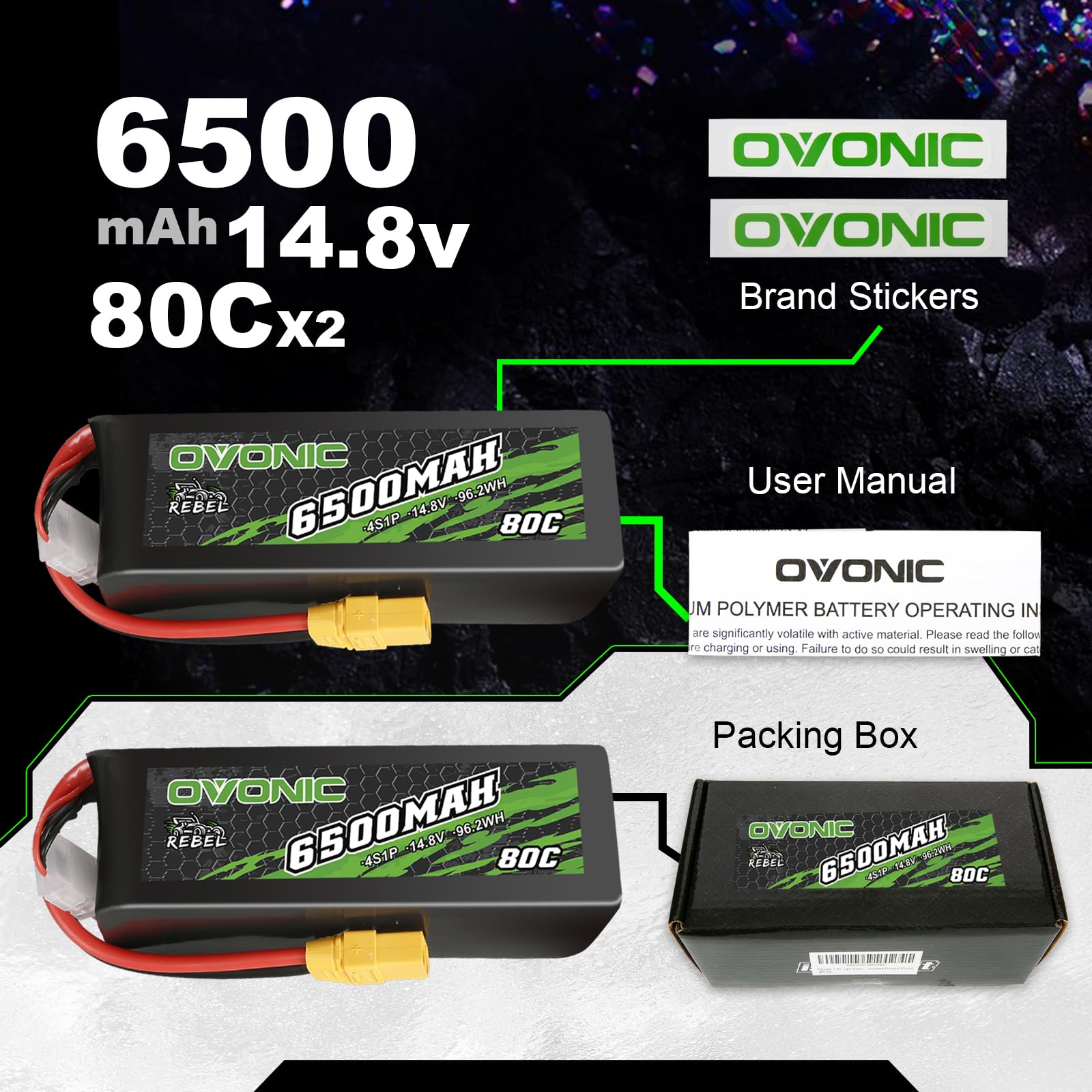 OVONIC 4S Lipo Akku 6500mAh 80C 14.8V mit XT90 Stecker für RC Auto RC Truggy Buggy RC Hobby（2PCS）