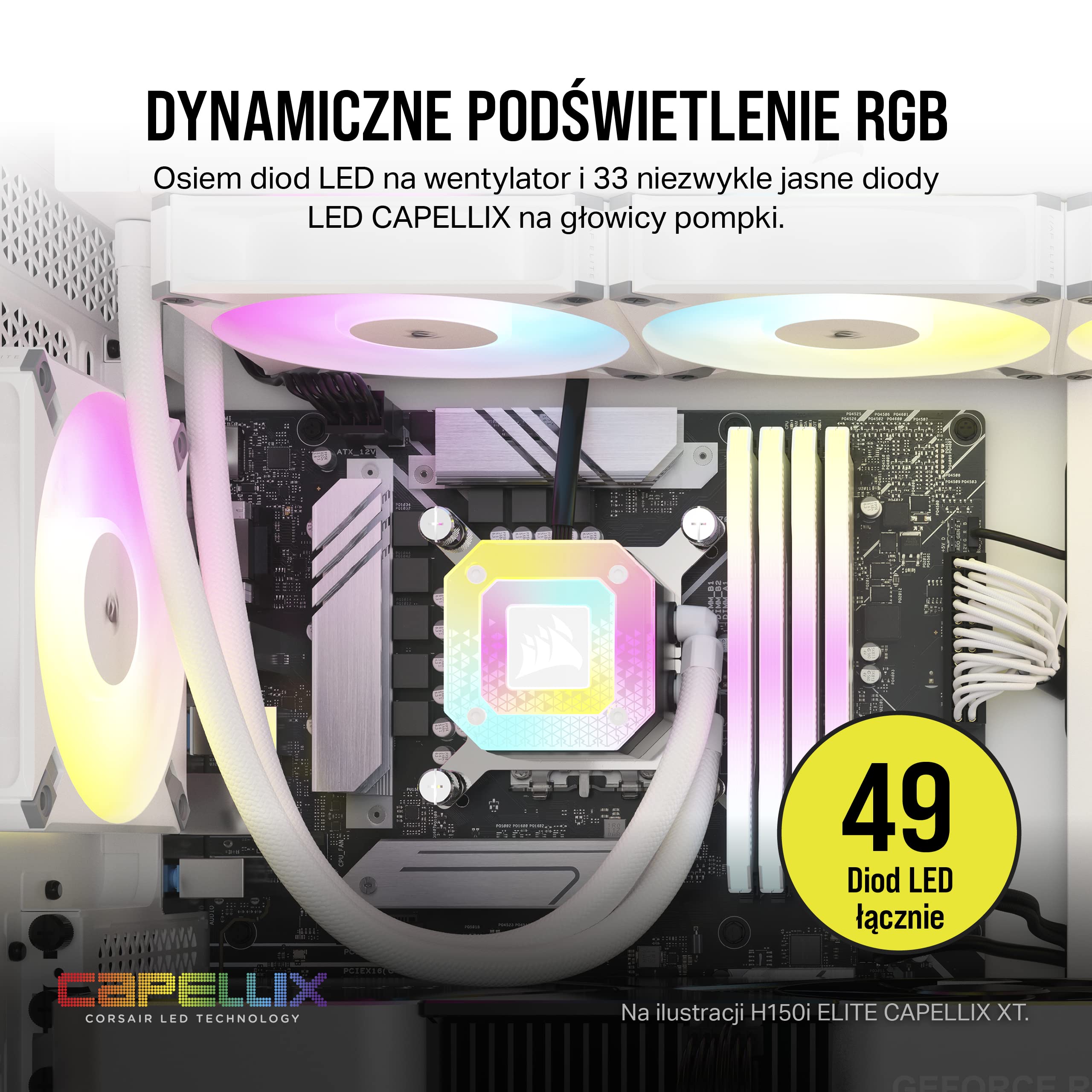 Corsair iCUE H100i ELITE CAPELLIX XT Układ Chłodzenia Procesora Cieczą - Dwa Wentylatory AF120 RGB ELITE - 240mm Radiator - Intel® LGA 1700, 1200, 115X, 2066, AMD® AM5, AM4 - Bialy