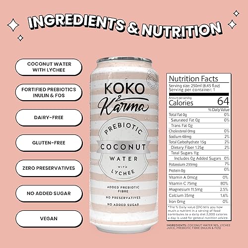 Miniatura 2 de Koko & Karma Agua de coco prebiótica con lichi, totalmente natural, sin azúcares añadidos, agua de coco pura y jugo de lichi, paquete de 12, latas