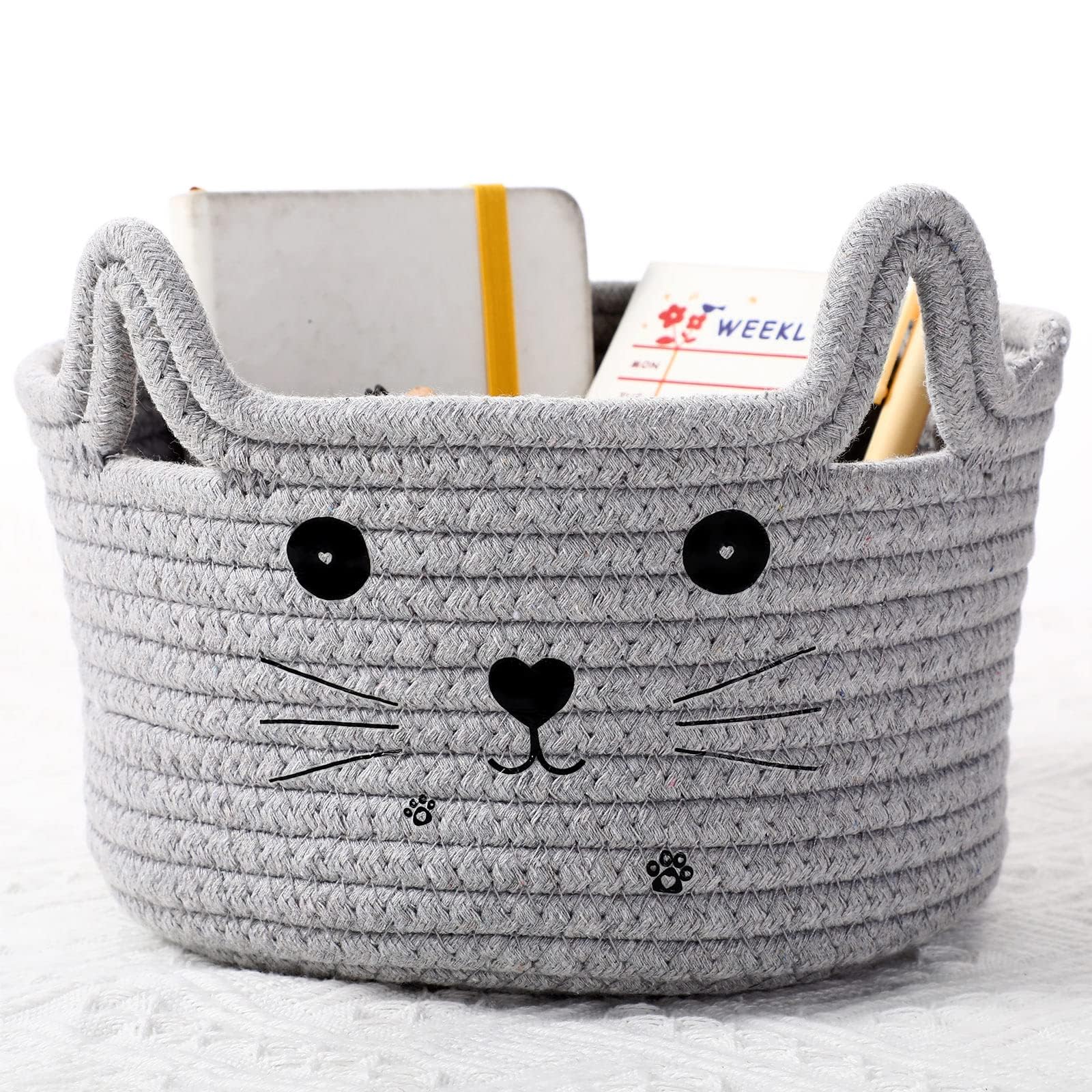 ZOBACYEDR Cat Basket Storage Woven Basket Organizer with Ears Decorative Pet Toy Cute Basket Cotton Rope Basket for Gifts Cat Dog Toy Bin Nursery Room Kids Toy (Light Gray, 21 * 12cm)