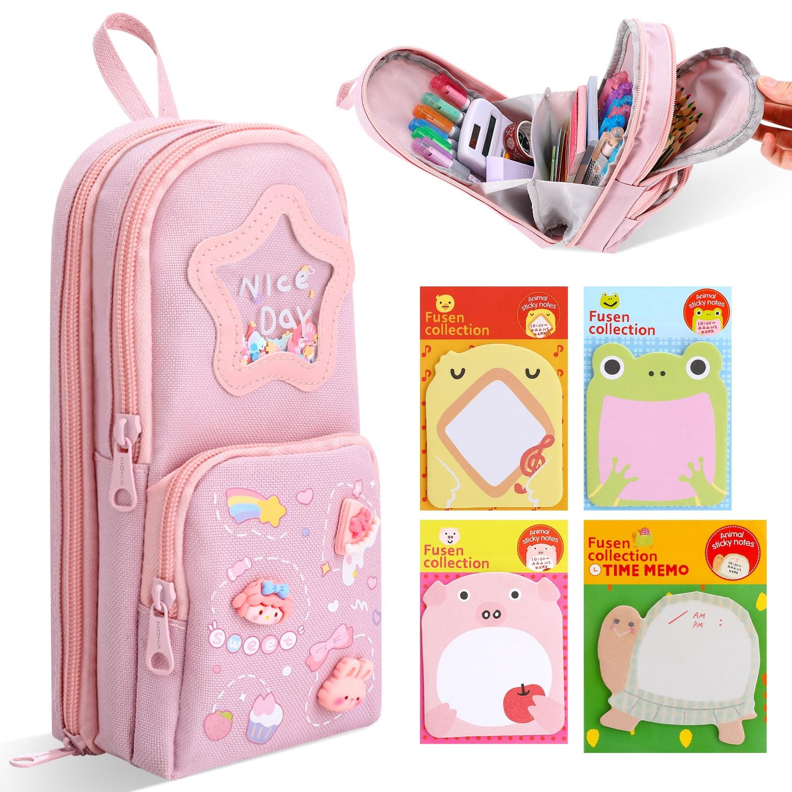 Zuimei Kawaii Cute Pencil Case with Sticky Note Aesthetic for Girls - Large Capacity Pen Pouch Multifunctional Pen Bag Stationery Organizer for School Office, Pink