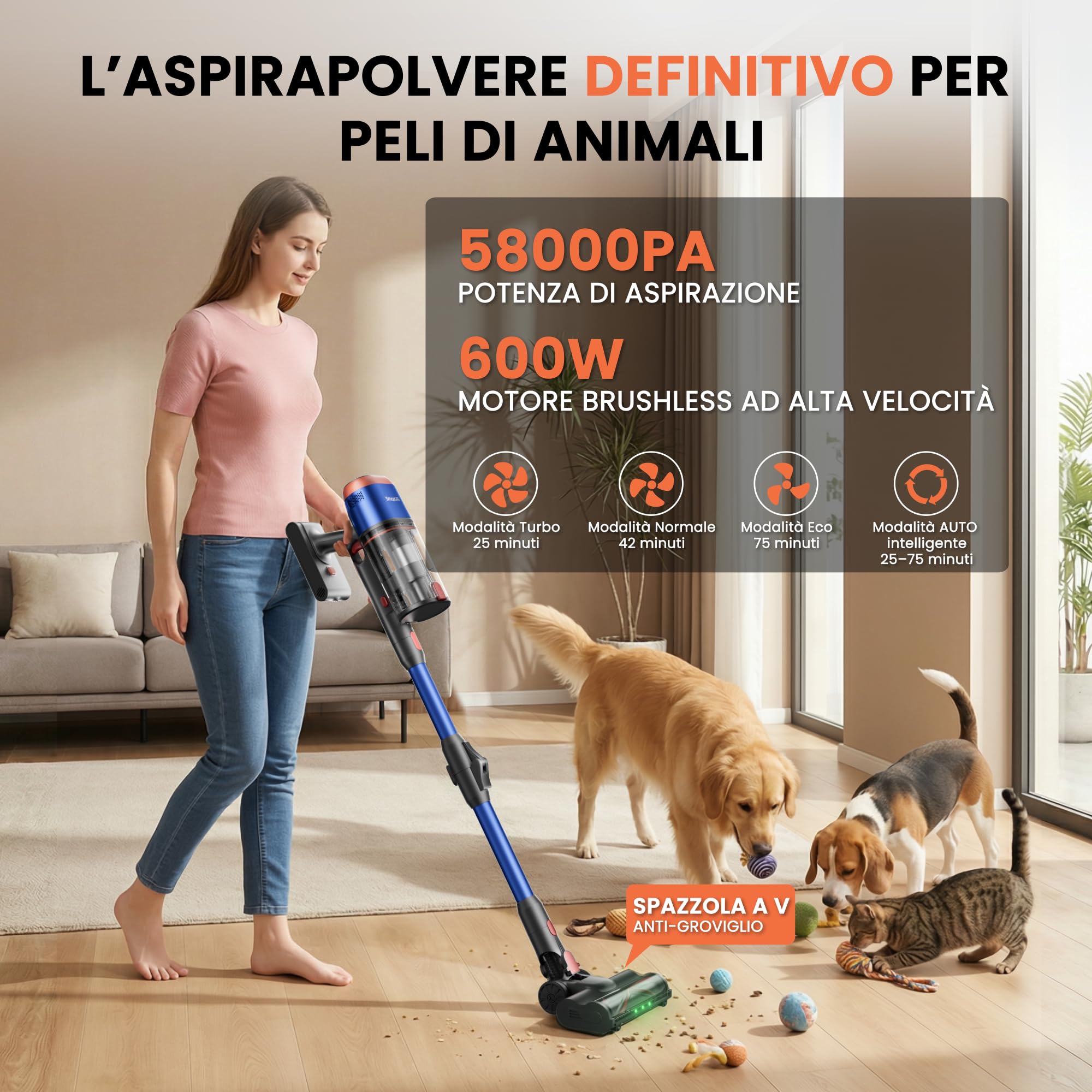 V15 Ultra Aspirapolvere Senza Fili 58000Pa/600W/75Min, Doppio Contenitore 1,8L, Tubo Flessibile, Spazzola a V Anti-Groviglio, per Pavimenti/Tappeti/Peli Animali