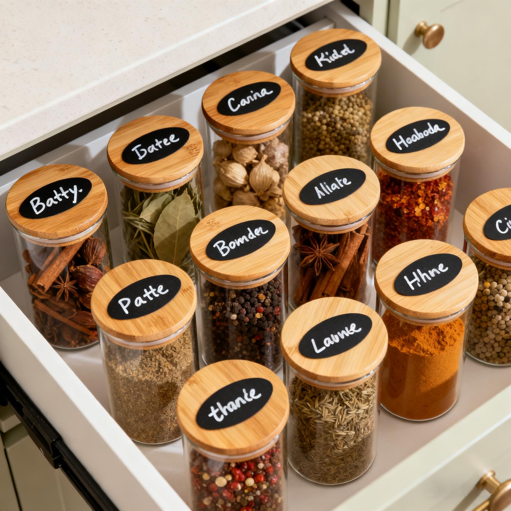 Lot de 12 pots à épices vides en verre avec couvercles en bambou, 250 ml avec étiquettes, petits pots d'assaisonnement hermétiques pour sel, poivre, poudre de piment, sucre, thé en vrac