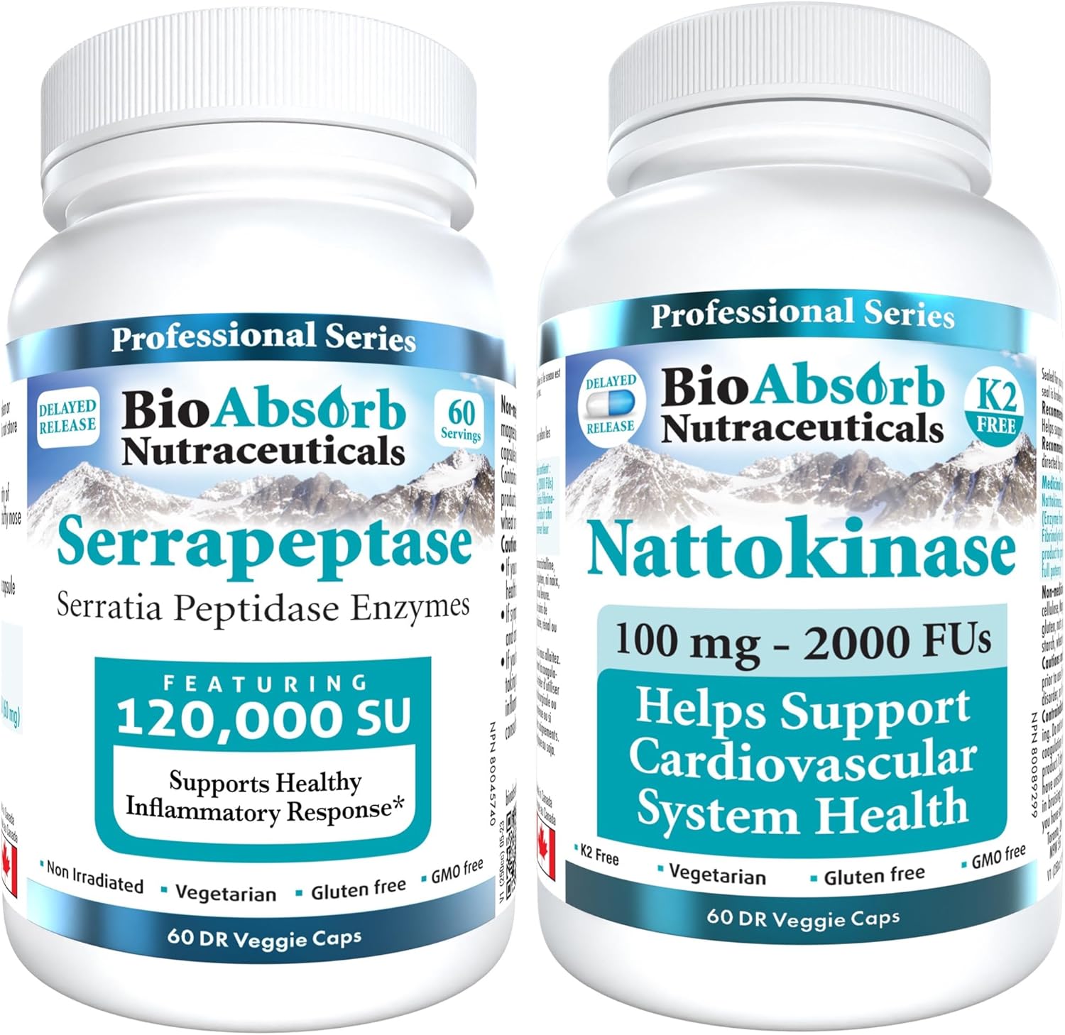 Bio Absorb Serrapeptase Enzyme 60 Caps – Nattokinase Supplement 60 Caps Bundle