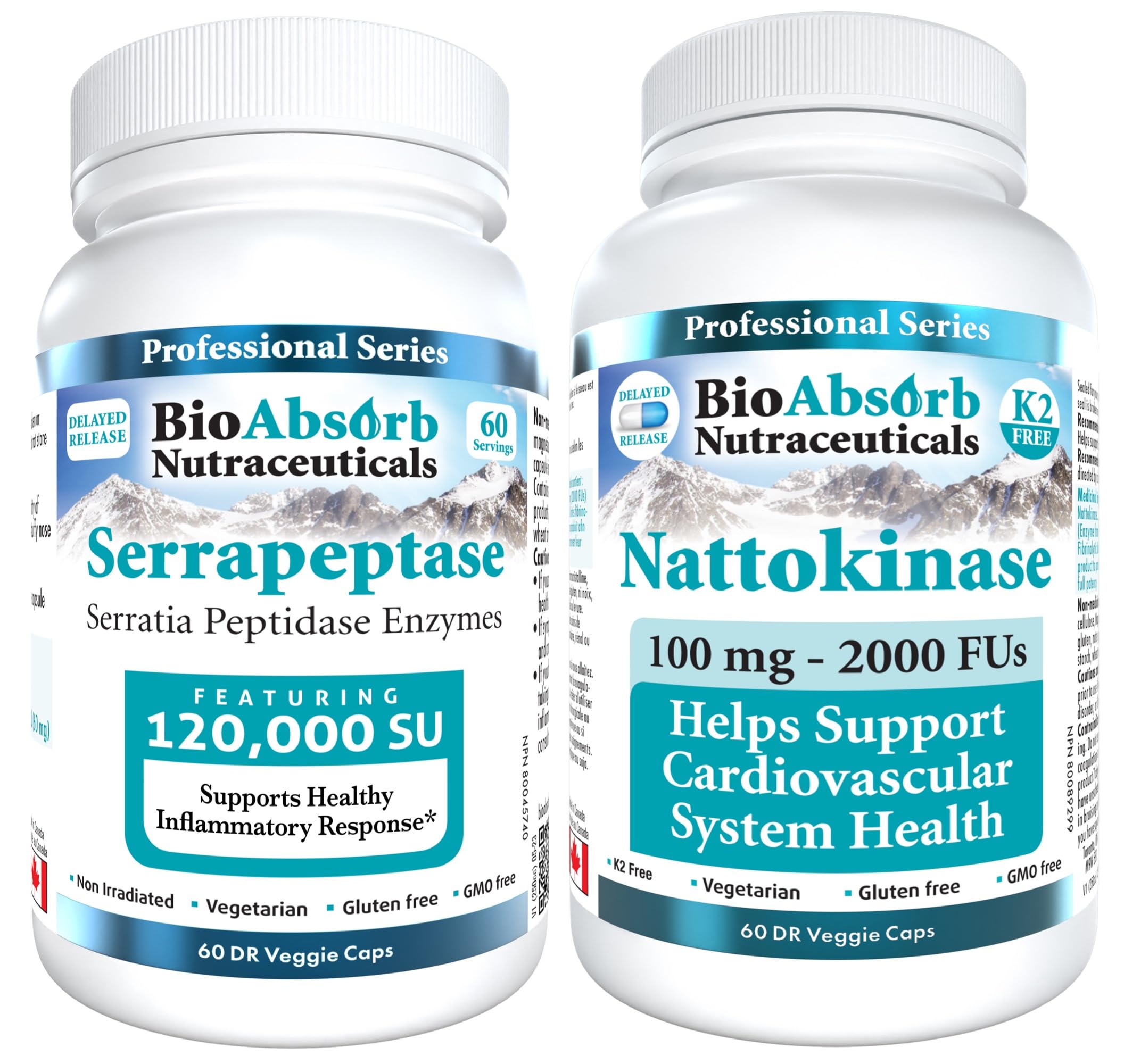 Bio Absorb Serrapeptase Enzyme 60 Caps - Nattokinase Supplement 60 Caps Bundle