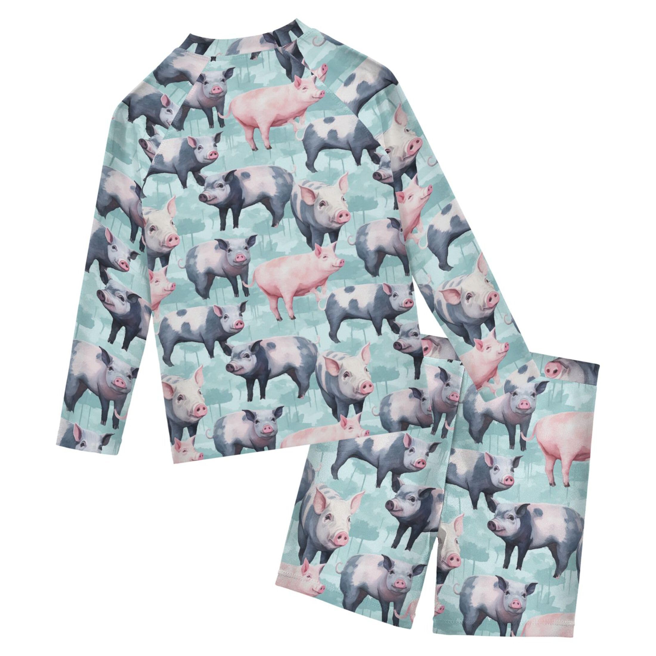 Pig Animal Cute Baby Boys' Toddler Long Sleeved Rashguard Swim Bathing Suit Set B0402822