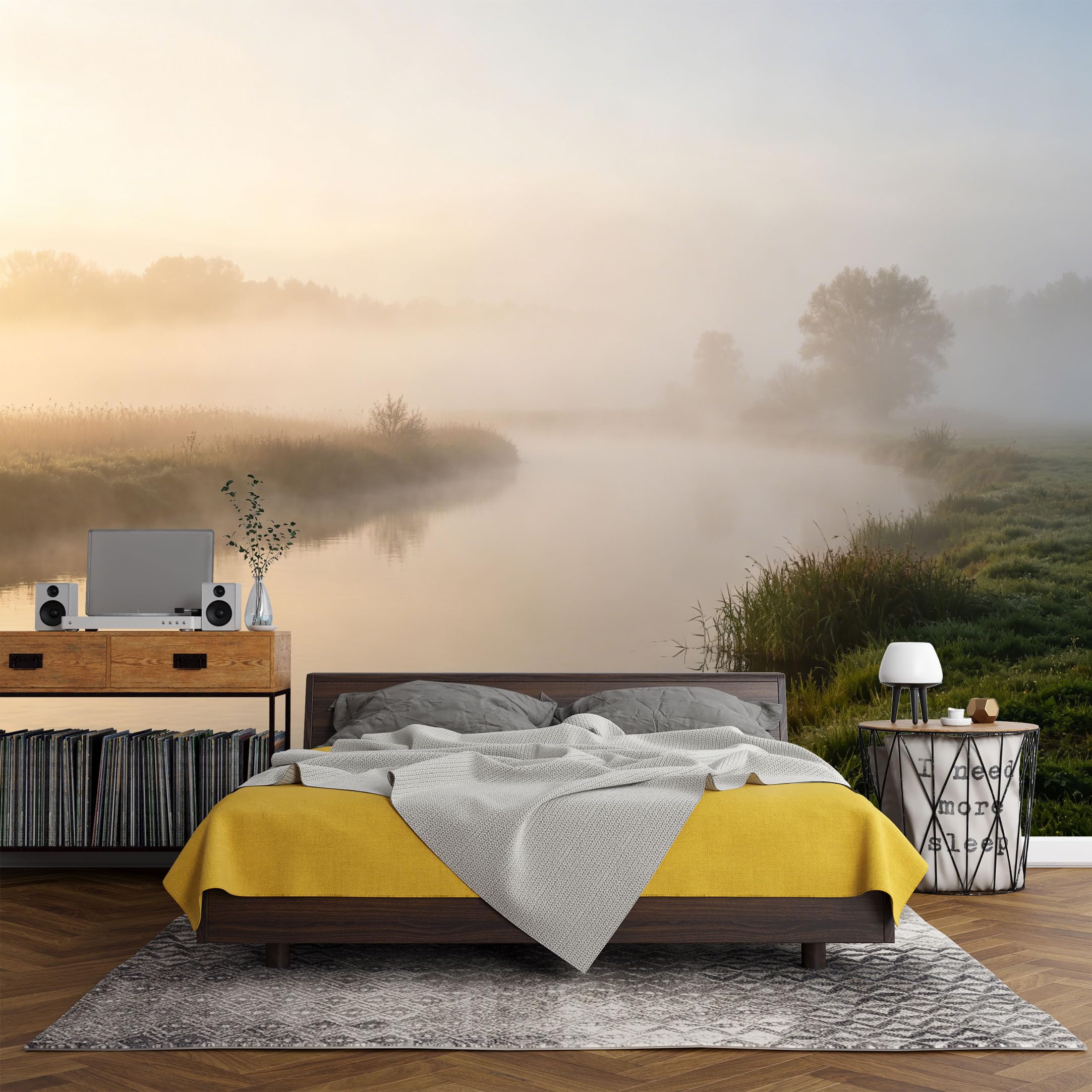Custom Size Wall Mural， Landscape River Mist Sunrise Meadow Nature Scenery，SelfAdhesive Art Prints wall Fabric (No PVC) Removable Wallpaper Living Room Decor