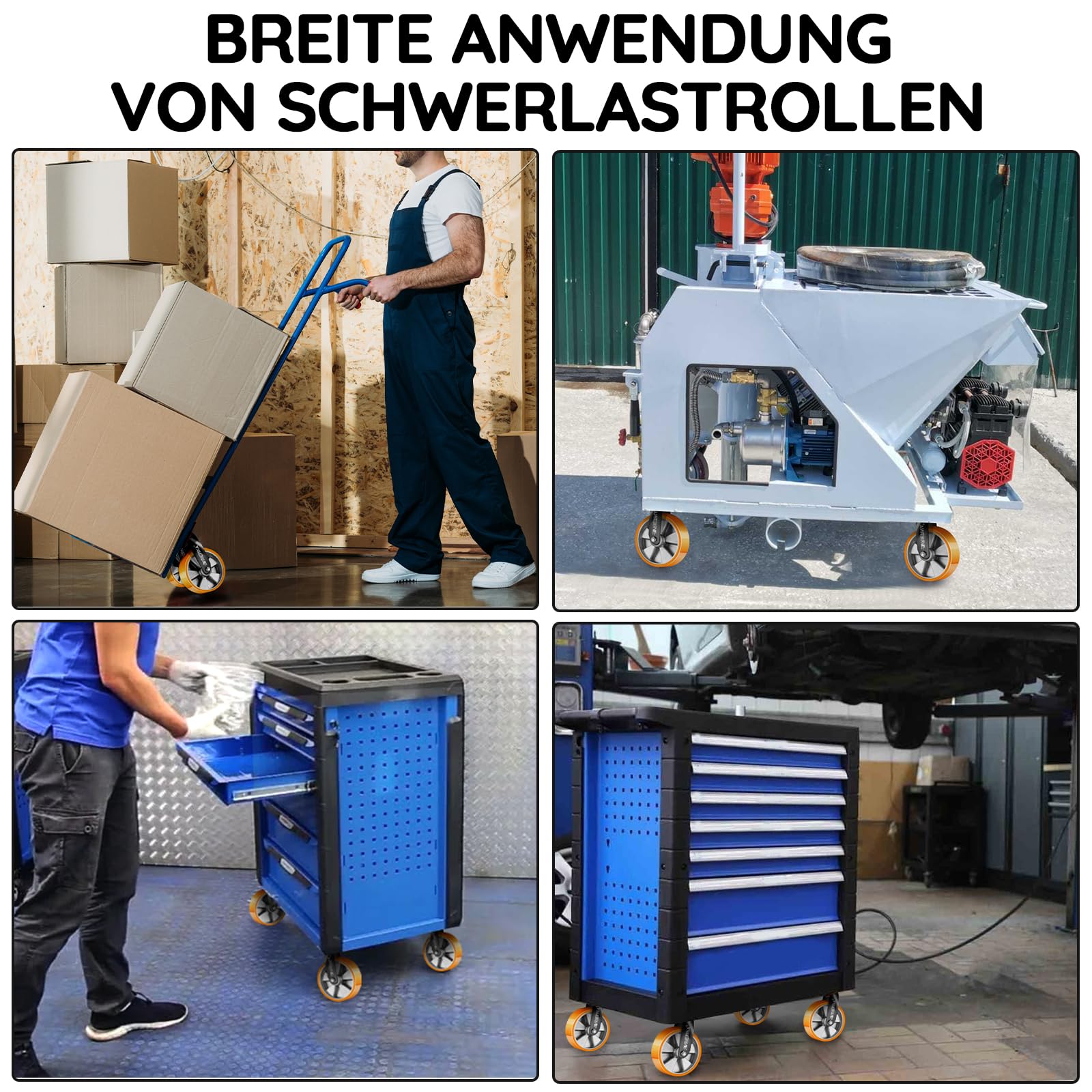 4 Stück Schwerlastrollen 150mm inkl. 2 Lenkrollen und 2 Bockrollen | 360° Drehbar Alu Schwerlast Lenkrollen mit Mund einfetten für Forschungslabore, Industrielle Anlagen, Traglast 1350 kg