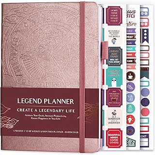 Legend Planner – Deluxe Weekly & Monthly Life Planner to Hit Your Goals & Live Happier. Organizer Notebook & Productivity Journal. A5 Hardcover, Undated – Start Any Time + Stickers – Rose Gold
