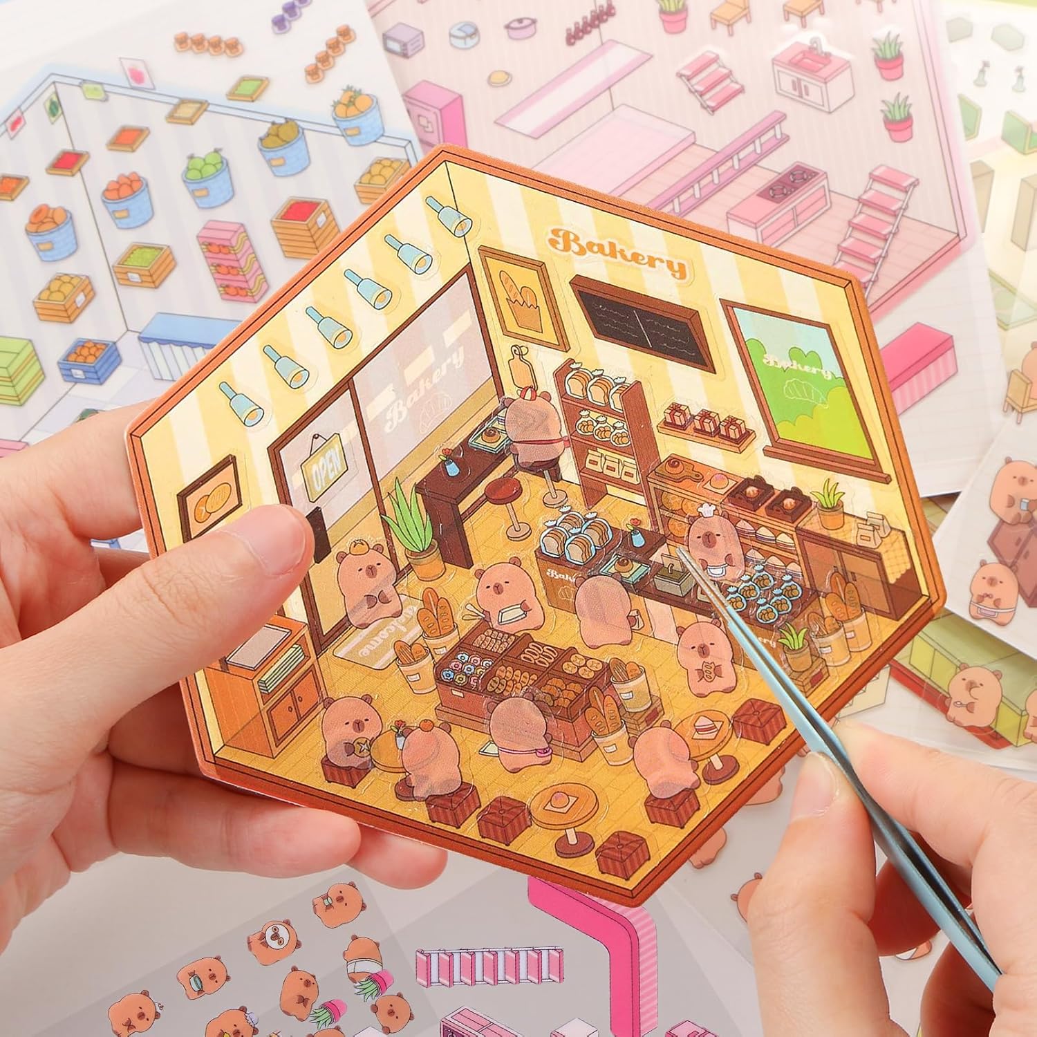4 Sets Capybara Theme 3D Scene DIY House Stickers With Tweezers - Home Supermarket Miniature Scene for Adult Stress Relief