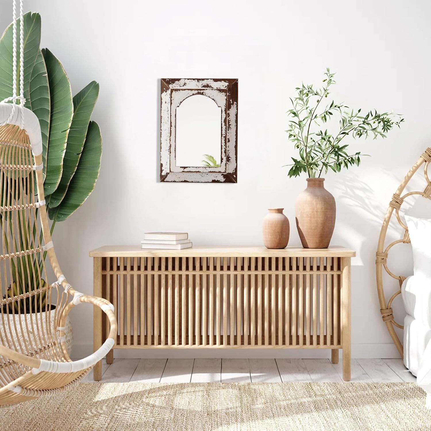 Farmhouse Small Arched Mirrors for Wall Decor Living Room 16 X 12 Inch, Hanging Distressed Rectangular Carved Wood Frame Entryway Mirror, Handmade Antique Bathroom Mirrors for Over Sink