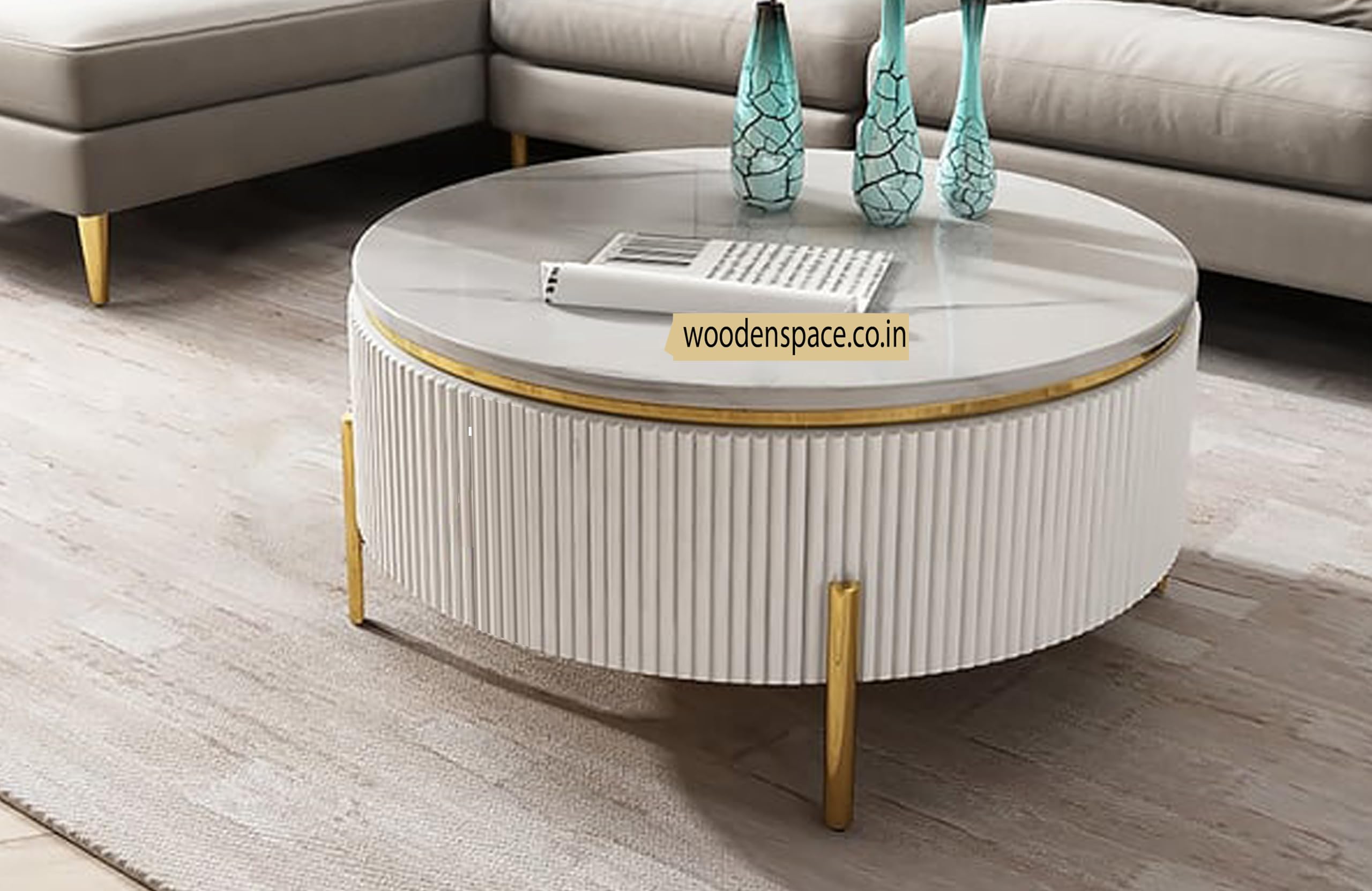 WOODEN SPACE Premium Luxury Nazaara Marble-Top Coffee Table with Iron Legs & PVD Coating | Modern Round Wooden Center Table for Living Room & Entryway (White)-image-21