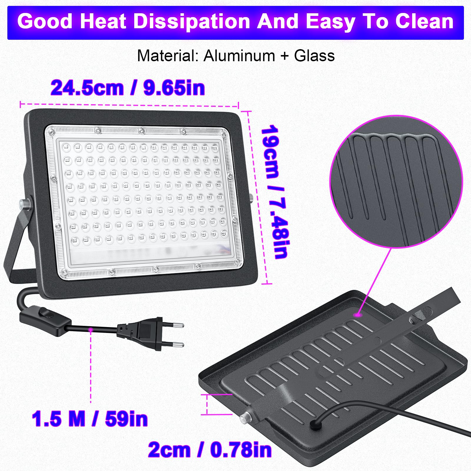 LED Luz Negra UV,2Pcs 100W Foco UV Ultravioleta 385-400nm,IP66,Resistentes al Agua,con Enchufe e Interruptor,para Decoración de Halloween,Fiestas,Iluminación de Escenario y Navidad