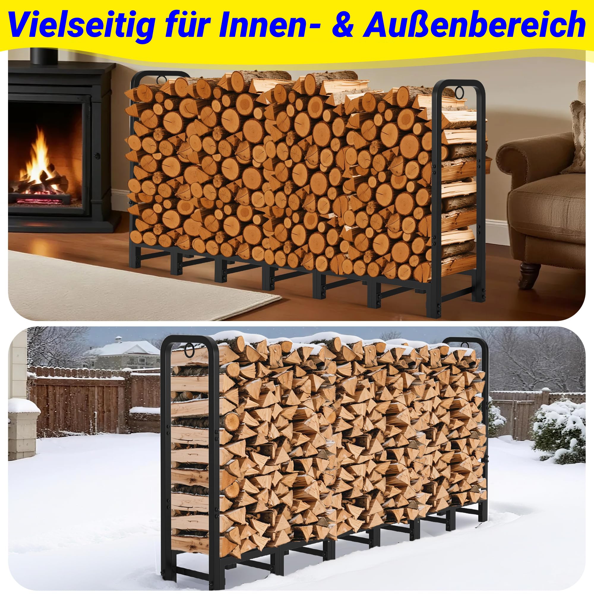 Amagabeli Kaminholzregal Aussen für Den Außenbereich 244cm x 30cm x 107cm für Kamin Brennholzstapel-Lagerregale für Terrasse Metall-Holz-Halter-Ständer Stahlrohr-Holz-Werkzeuge Schwarz