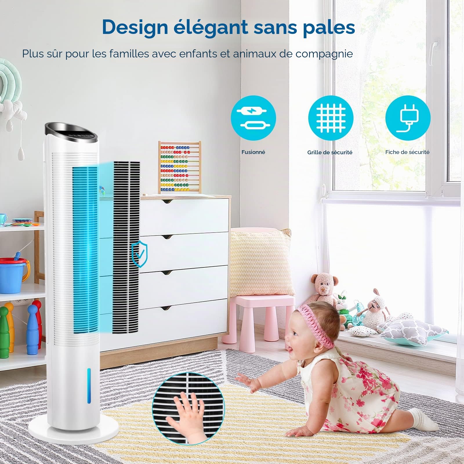 LIFERUN Ventilateur Refroidisseur Tour de 101 cm avec Télécommande, 4 en 1 Avec Refroidissement, Humidification de Nettoyage, Minuterie 8 Heures, Silencieux pour Chambre à Coucher, Salon, Blanc