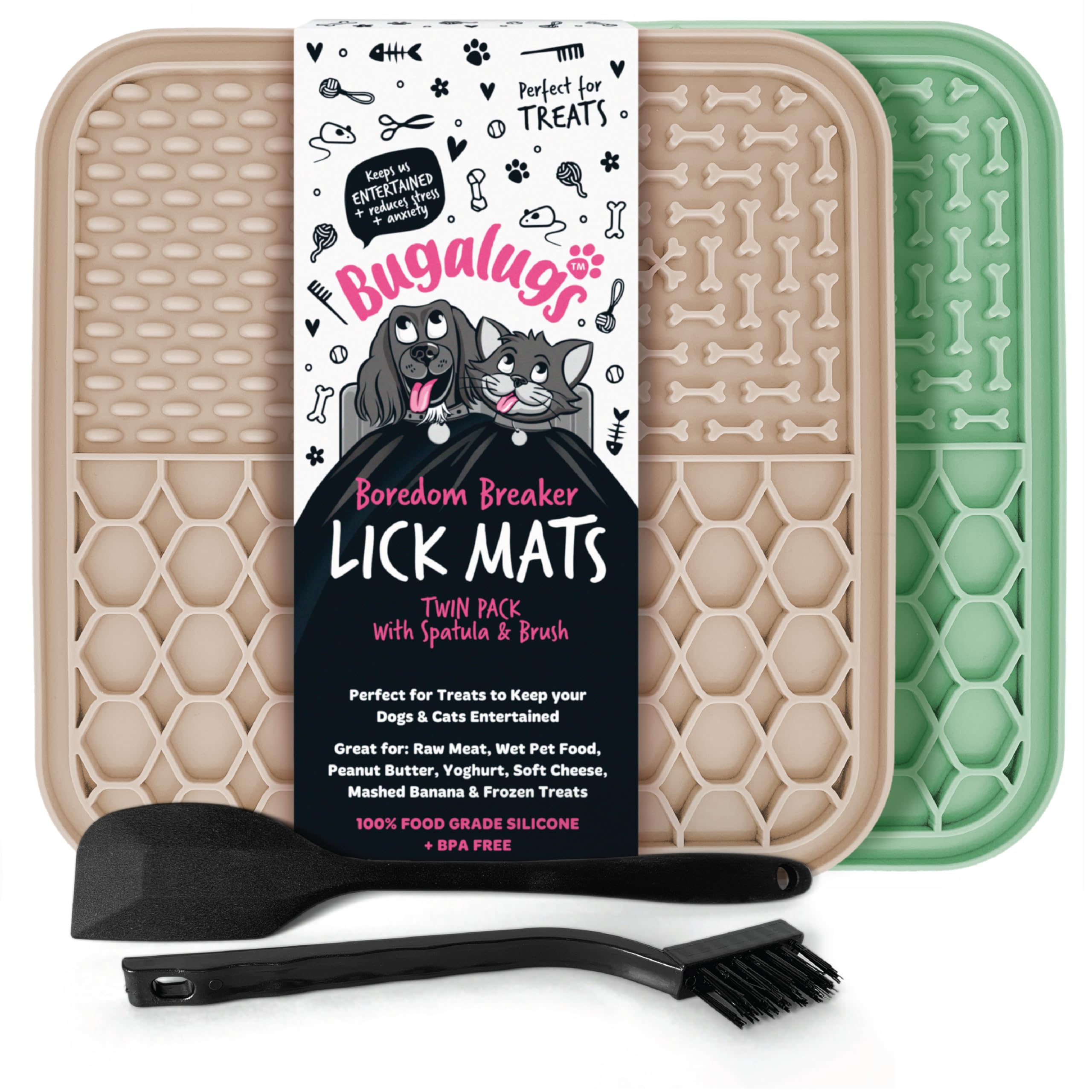 Bugalugs Licky Mats For Dogs, 100% Food Grade Lick Mats For Dogs & Cat Food Mat BPA Free Dog Mat, Feeding & Licking Lick Mat, Reduce Stress & Anxiety, 2x Pet Food Mat, Spatula & Brush (Green & Beige)