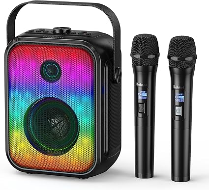 Karaoke Machine, Portable Bluetooth Speaker with 2 Wireless Karaoke Microphones, Karaoke Machine for Adults Kids with Subwoofer, LED Light Support TWS/FM/USB/AUX for Home Party Outdoor