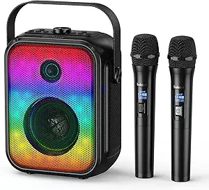 Karaoke Machine, Portable Bluetooth Speaker with 2 Wireless Karaoke Microphones, Karaoke Machine for Adults Kids with Subwoofer, LED Light Support TWS/FM/USB/AUX for Home Party Outdoor