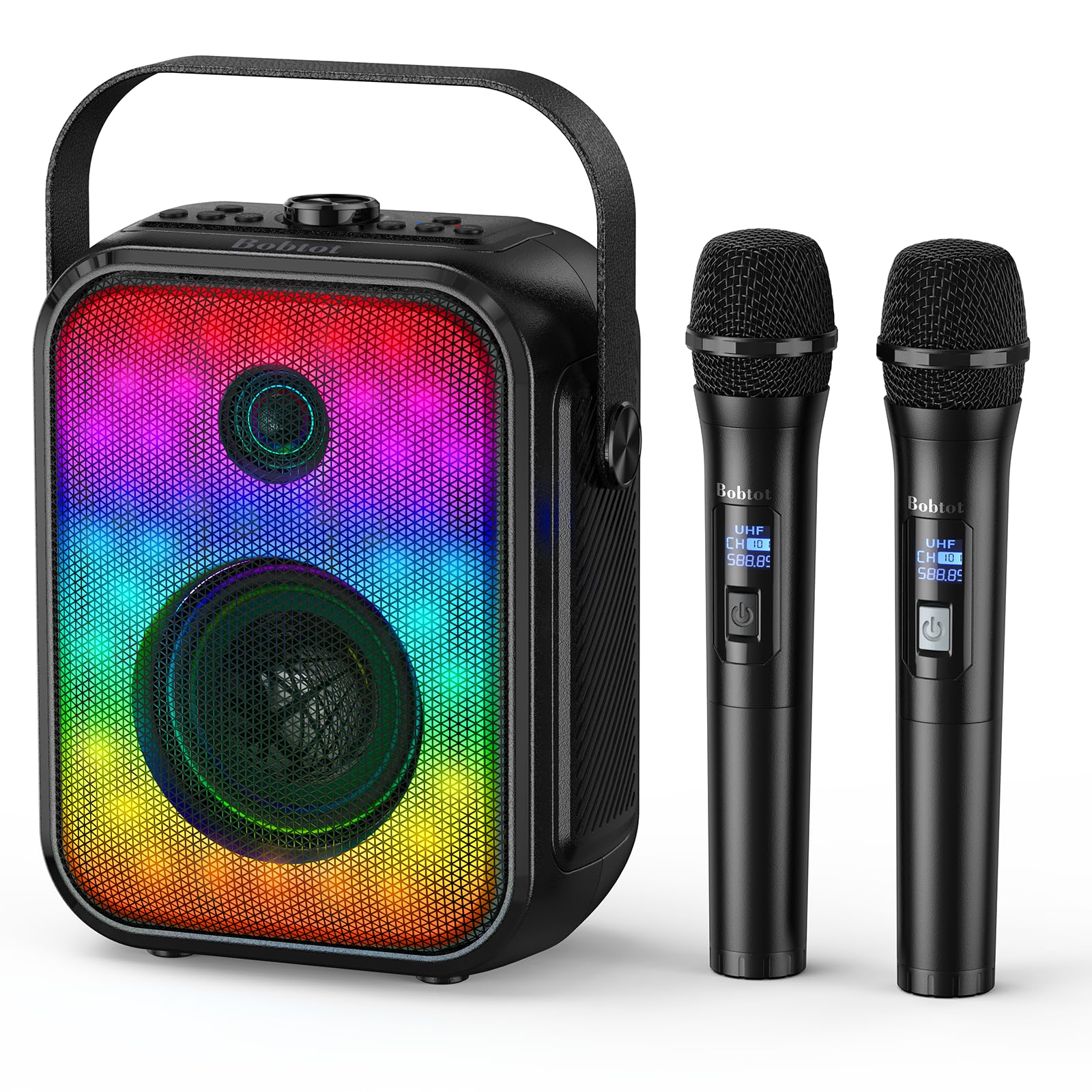 Karaoke Maschine für Erwachsene mit 2 kabellosen Mikrofonen, tragbarer Bluetooth-Lautsprecher mit Stereo-Kopplung, Bassregelung, LED-Beleuchtung und Unterstützung für FM/USB/AUX | Tragbarer Bluetooth-Lautsprecher mit Bass-Anpassung, LED, unterstützt FM/US