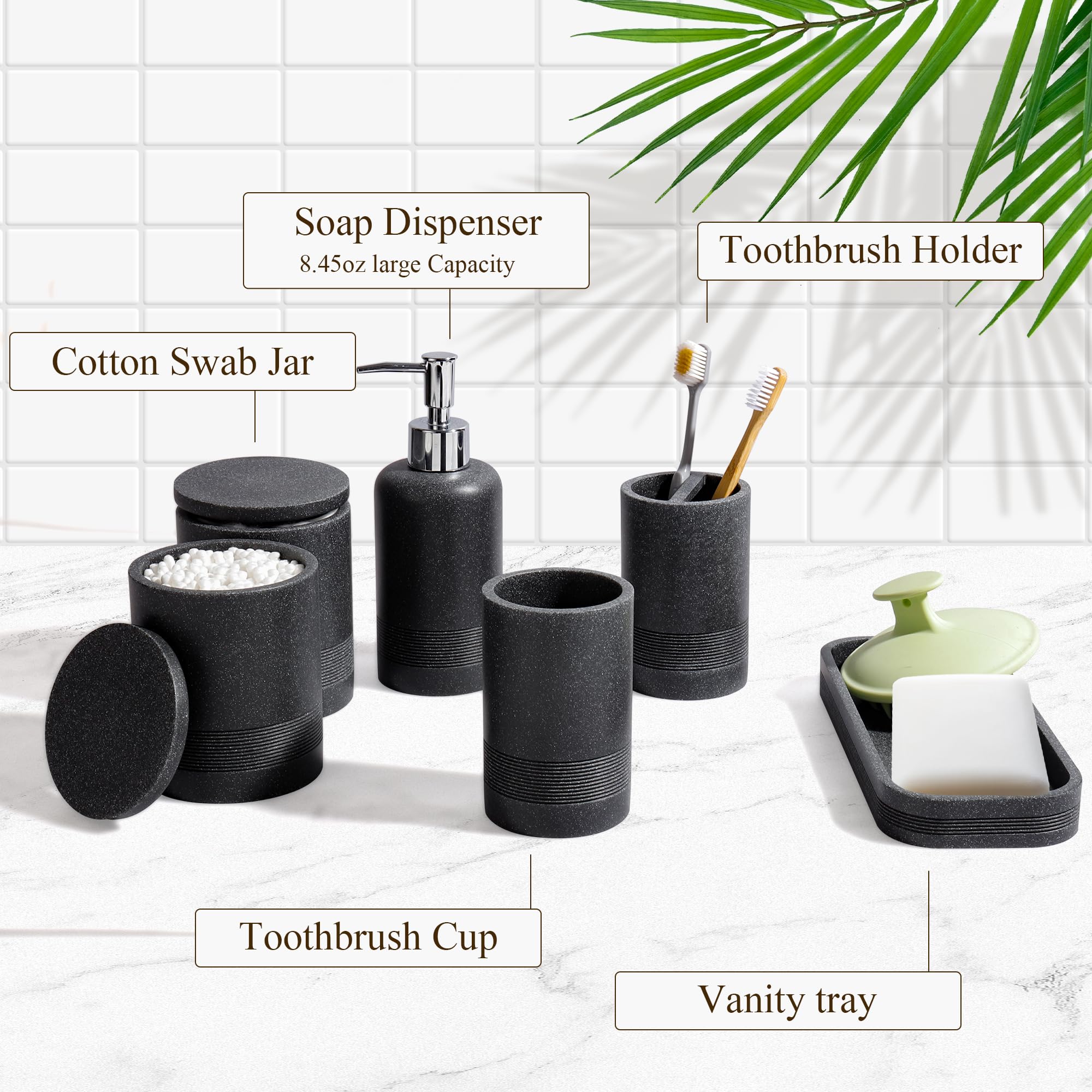 YMXYJM Juego de accesorios de baño, juego de baño de 6 piezas con soportes para cepillos de dientes, dispensador de jabón, bandeja de tocador, vaso, tarros de hisopo de algodón, organizador de baño