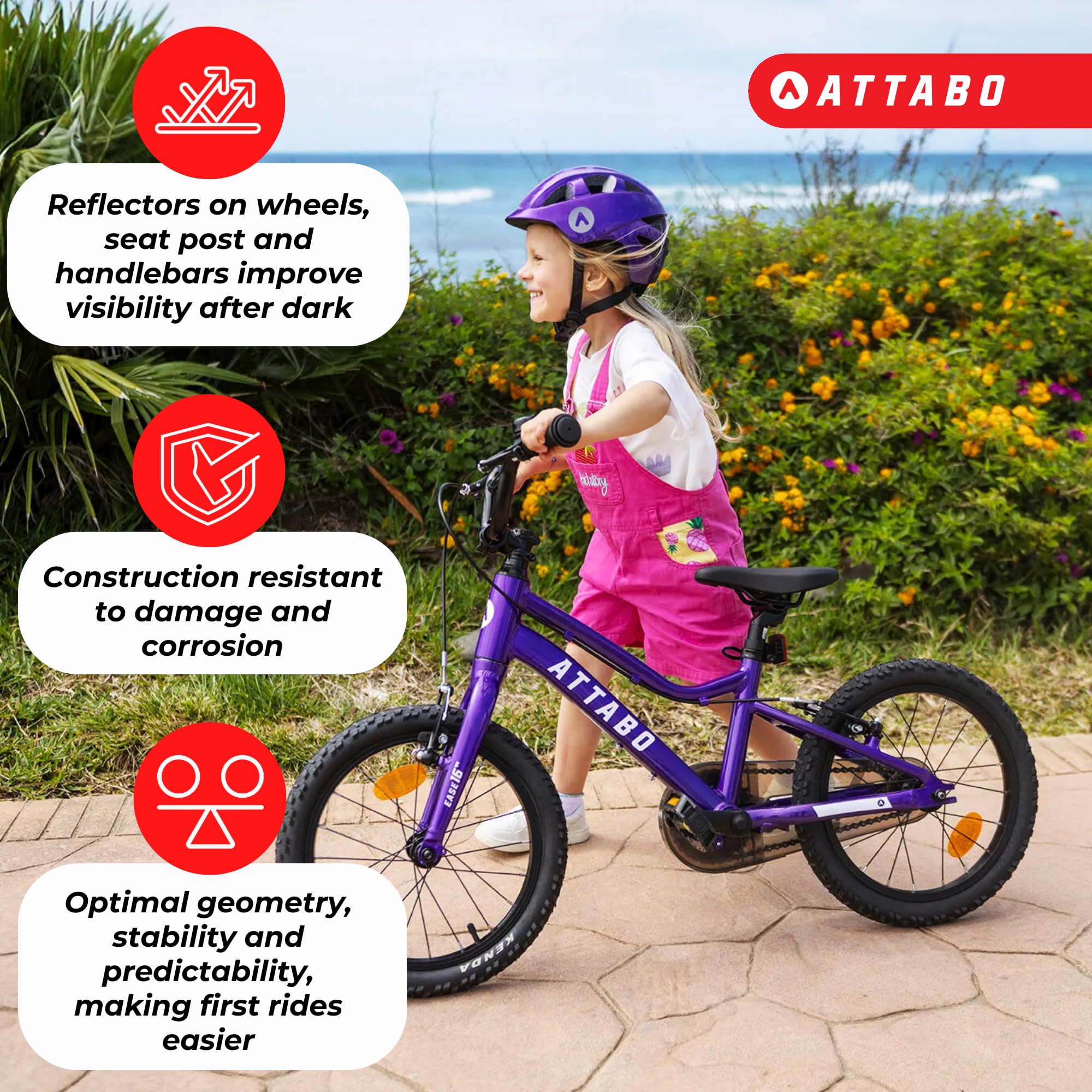 ATTABO Fahrrad Ease 16"" haltbares und ergonomisches Design mit geringem Überhang Ideal für Radfahranfänger Farbe Rot/Blau/Pink/Lila/Silber