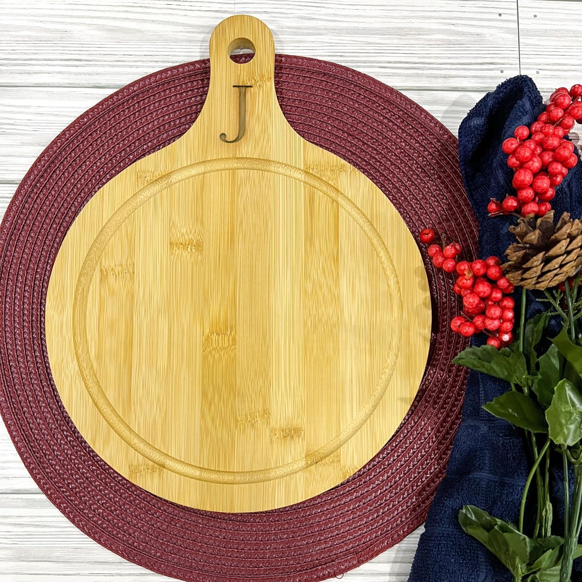 Engraved Round Bamboo Wood Cutting Charcuterie Board Personalized Gift New Couple, Parents, Anniversary, Housewarming, Hostess, Engagement, Friends - Initial on Handle