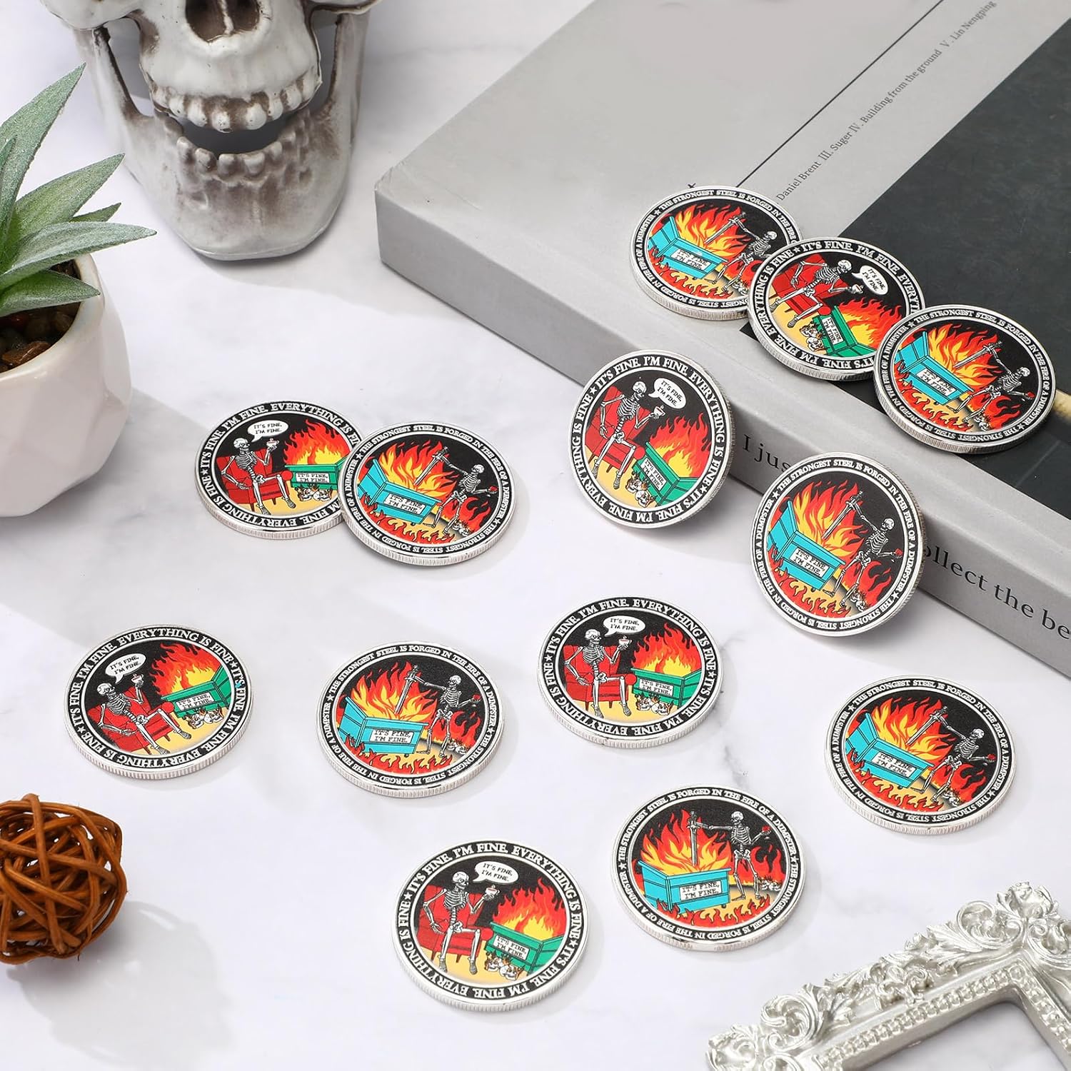 Liliaafar 30 Pcs Skull Dumpster Fire Challenge Coins Double Sided The Strongest Steel is Forged Dumpster Fire Desk Accessories Staff Appreciation Gifts for Employee Team Coworker Firefighter