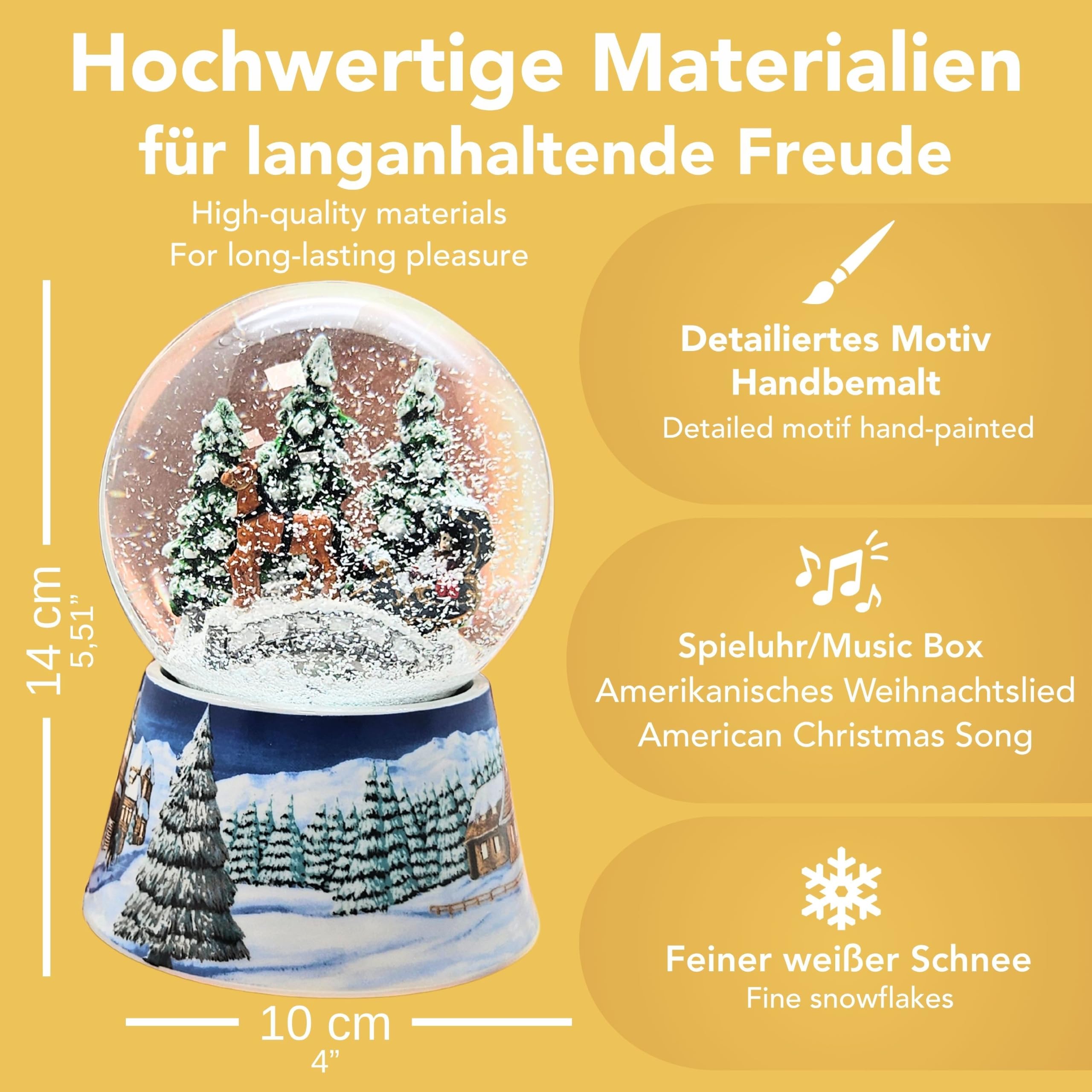Schneekugel Weihnachten Spieluhr | Kutsche über Brücke | Sockel Winterlandschaft Mittelblau | Höhe: 140mm Breite: 100mm | Weihnachtsdekoration | 20291